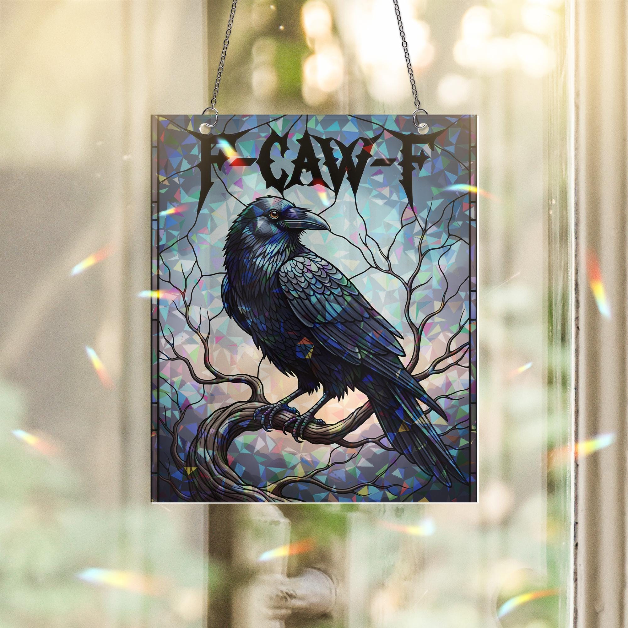 Gothic Raven Suncatcher – Funny F-Caw-F Window Hanging Crow Halloween Decor