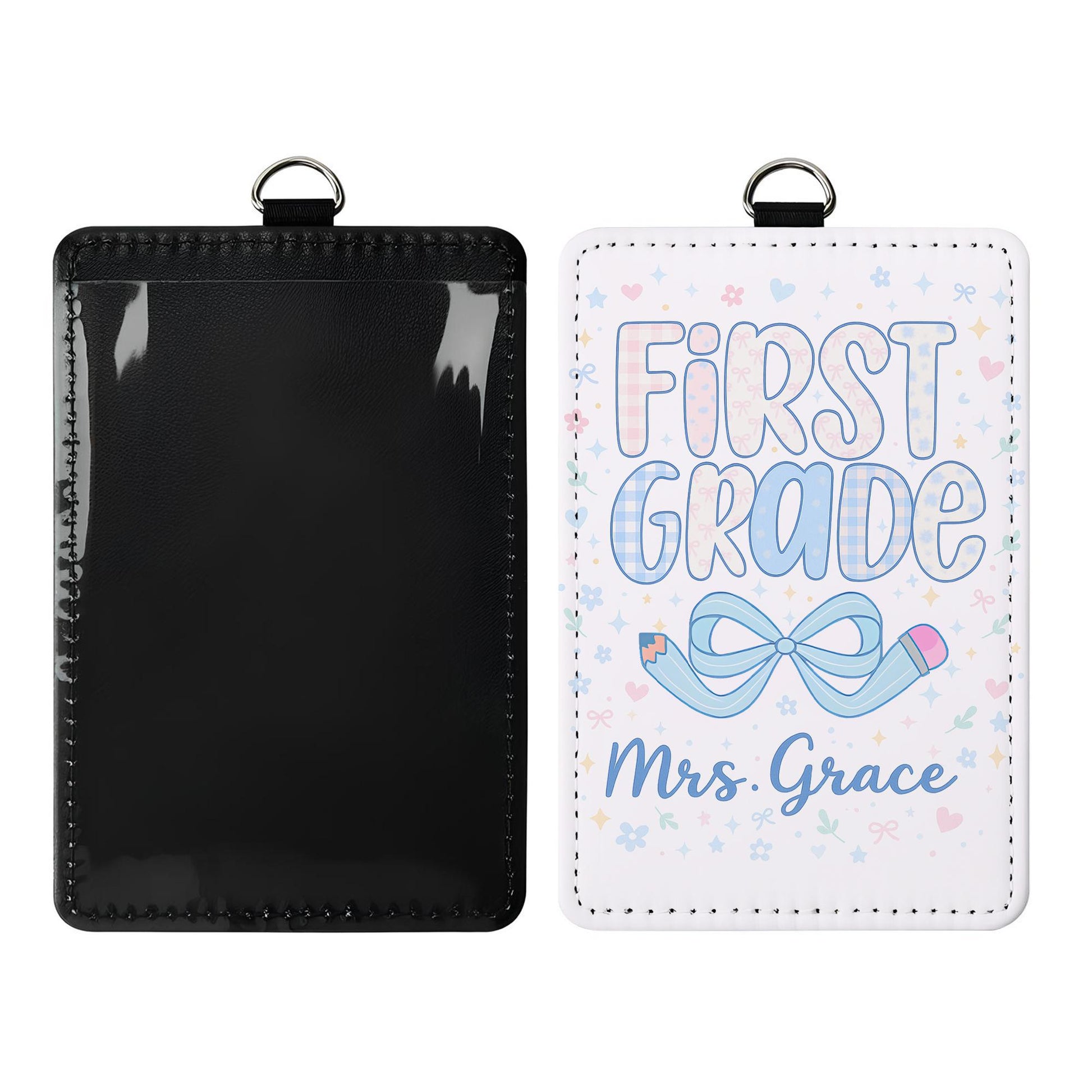 First Grade Teacher Badge Holder, Personalized ID Tag for Teachers, Cute Pencil Bow Design, Custom Name Badge, Back to School Gift
