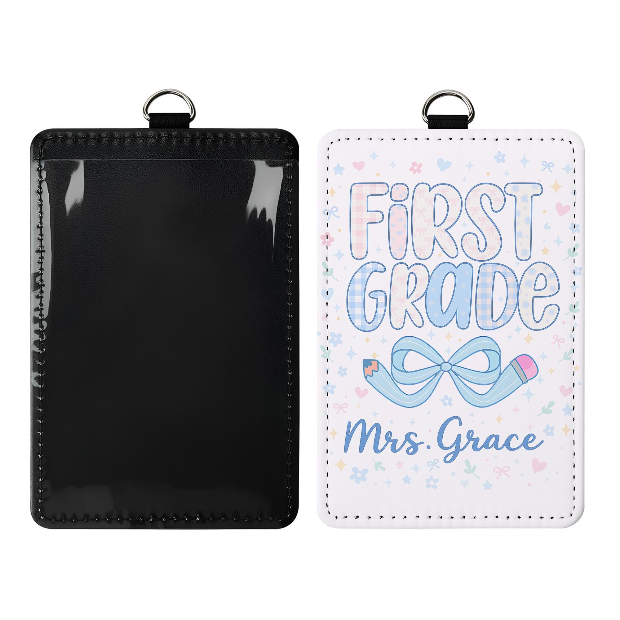 First Grade Teacher Badge Holder, Personalized ID Tag for Teachers, Cute Pencil Bow Design, Custom Name Badge, Back to School Gift
