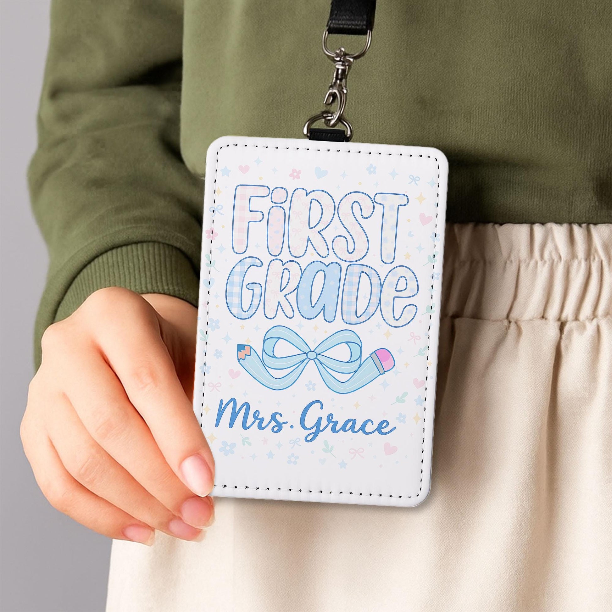 First Grade Teacher Badge Holder, Personalized ID Tag for Teachers, Cute Pencil Bow Design, Custom Name Badge, Back to School Gift