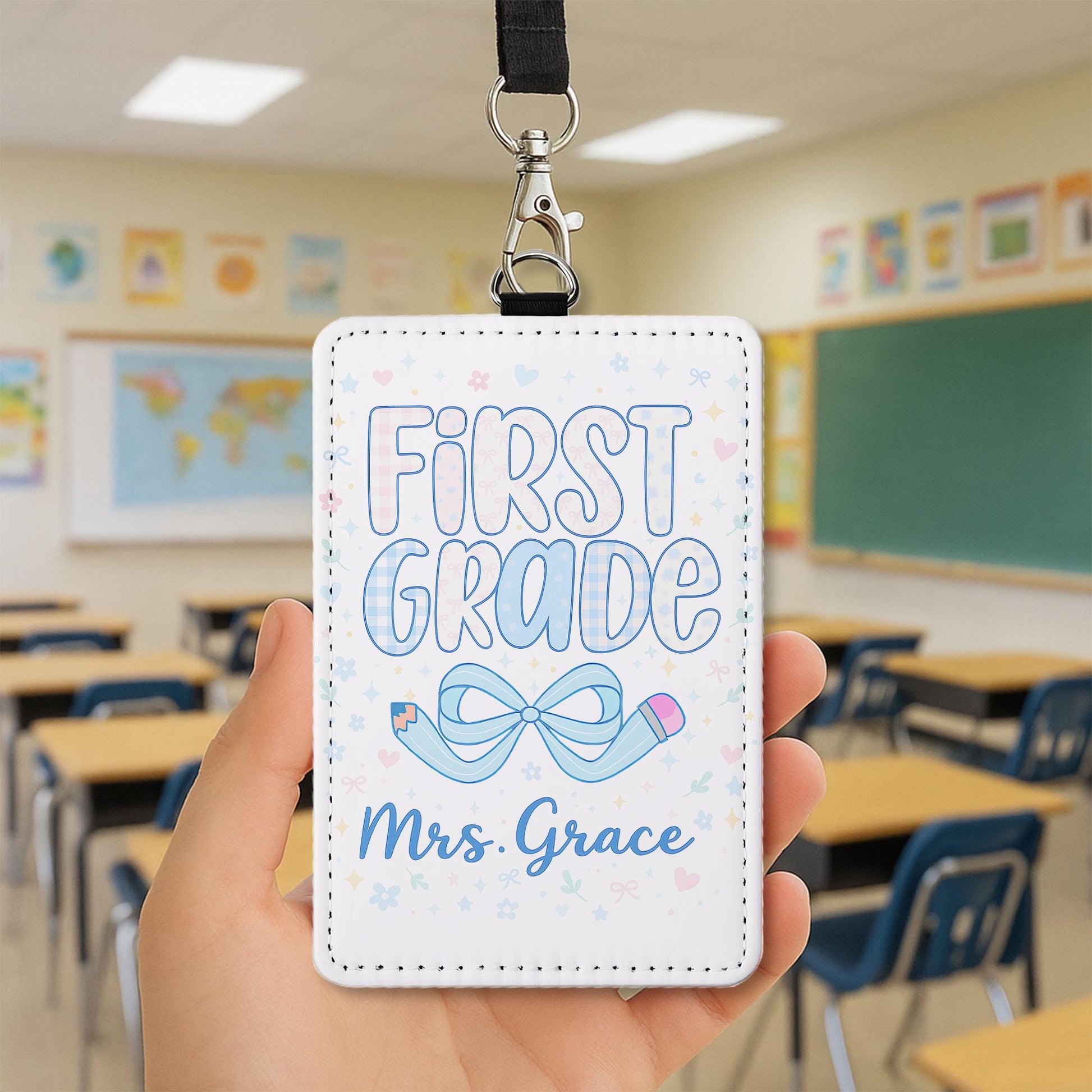 First Grade Teacher Badge Holder, Personalized ID Tag for Teachers, Cute Pencil Bow Design, Custom Name Badge, Back to School Gift
