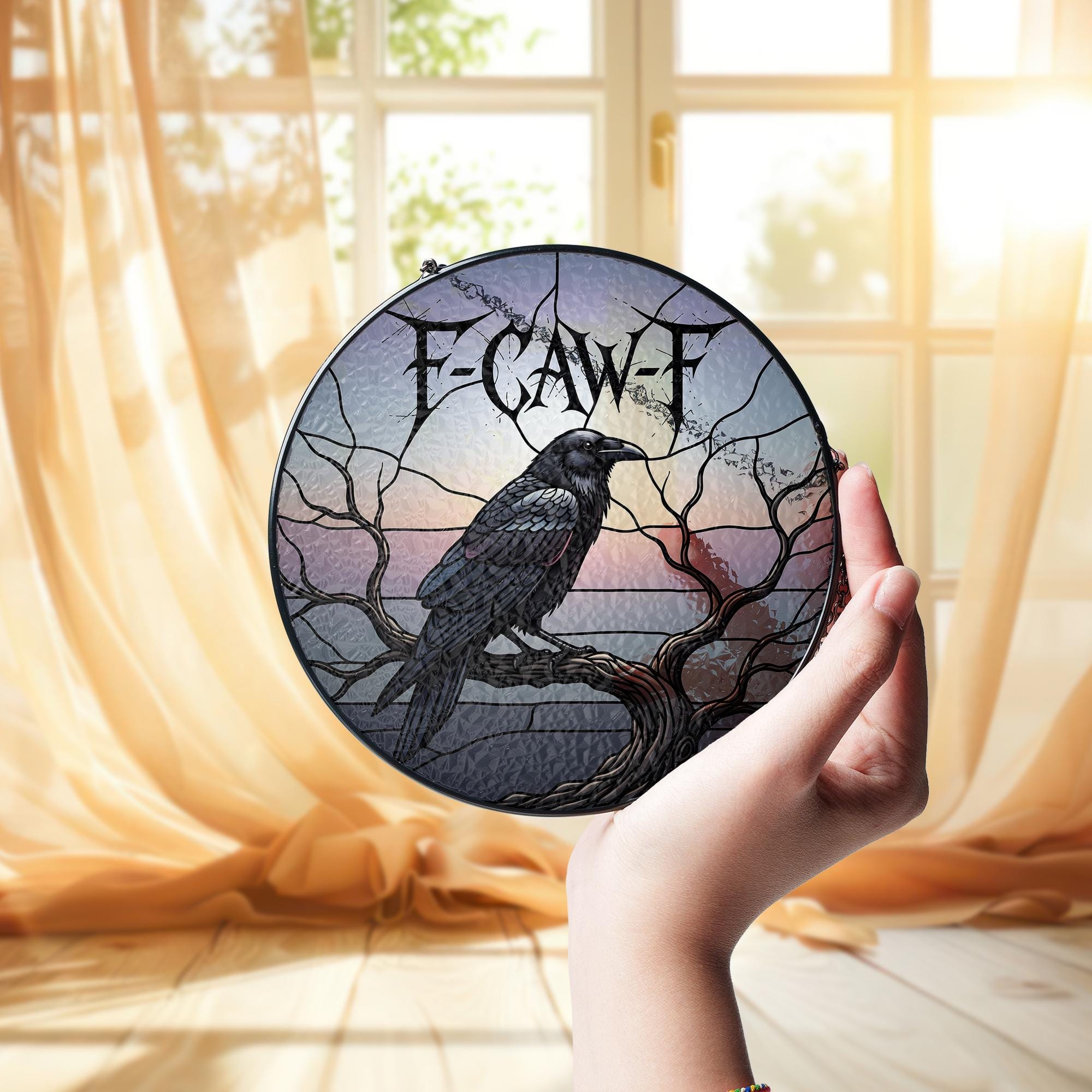 F-Caw-F Raven Round Suncatcher – Gothic Crow Window Hanging Halloween Decor