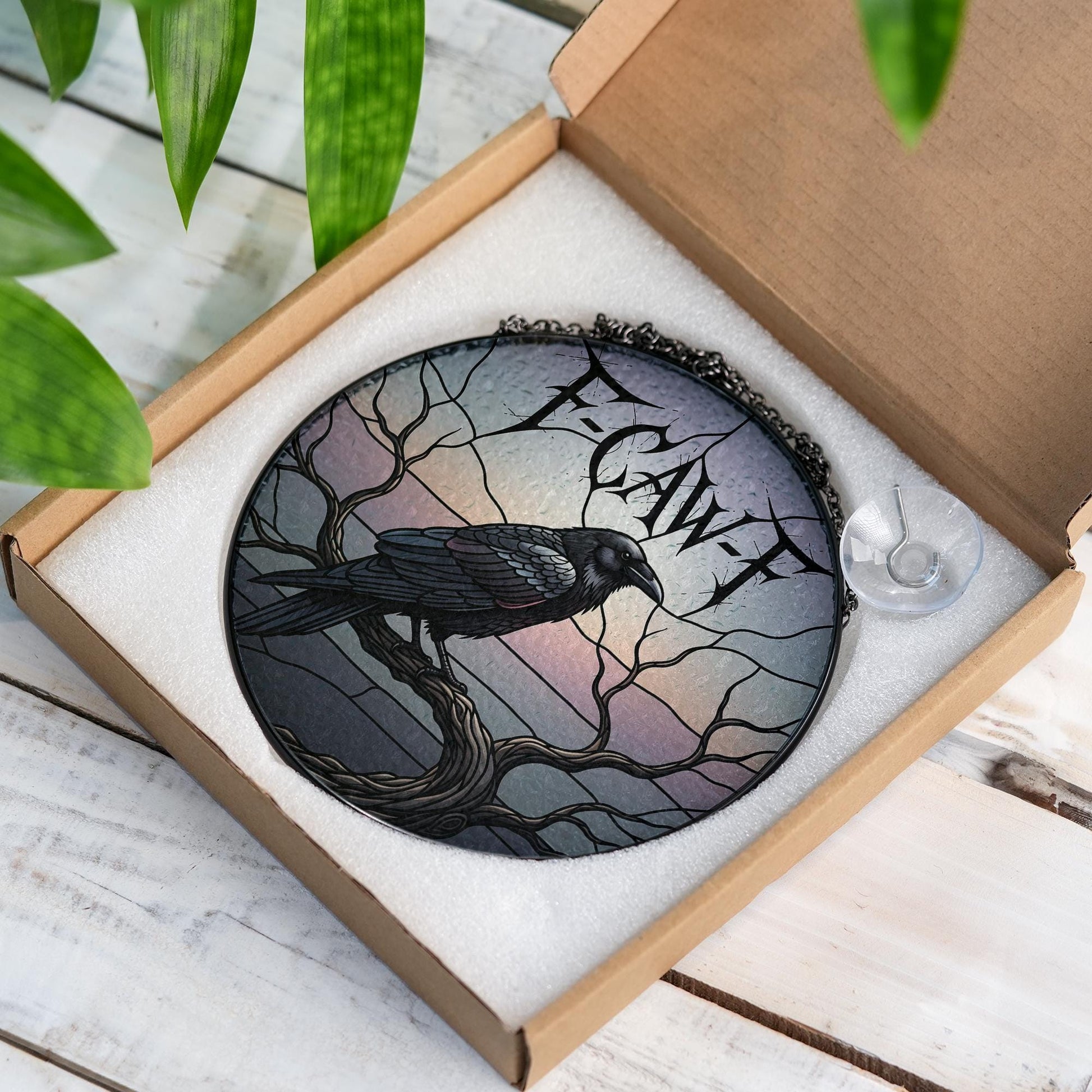 F-Caw-F Raven Round Suncatcher – Gothic Crow Window Hanging Halloween Decor