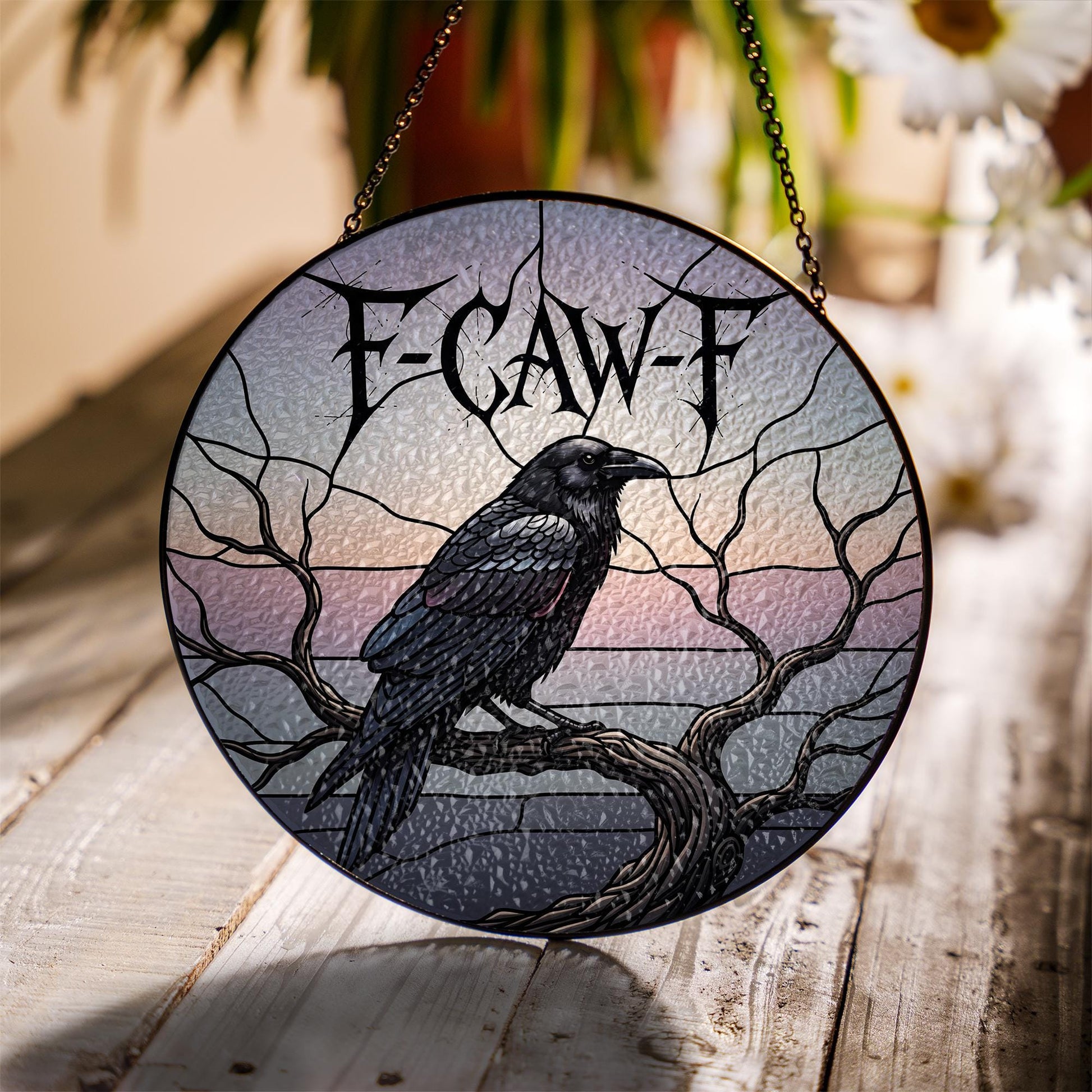 F-Caw-F Raven Round Suncatcher – Gothic Crow Window Hanging Halloween Decor