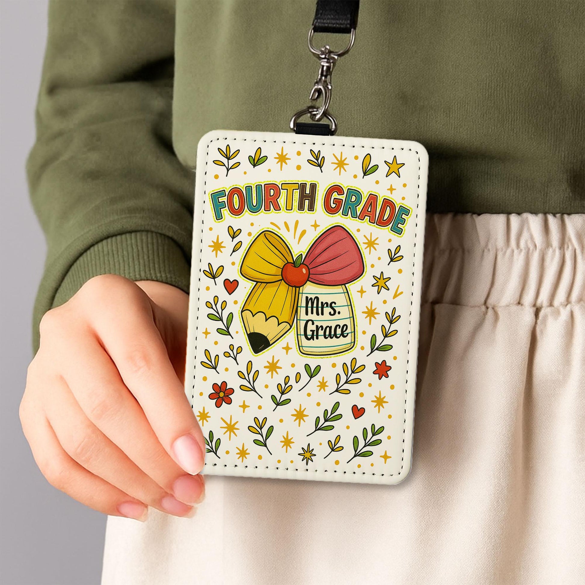 Fourth Grade Teacher Badge Holder, Faux Glitter ID Tag, Personalized Lanyard, Cute Pencil & Jar Design, Teacher Name Tag