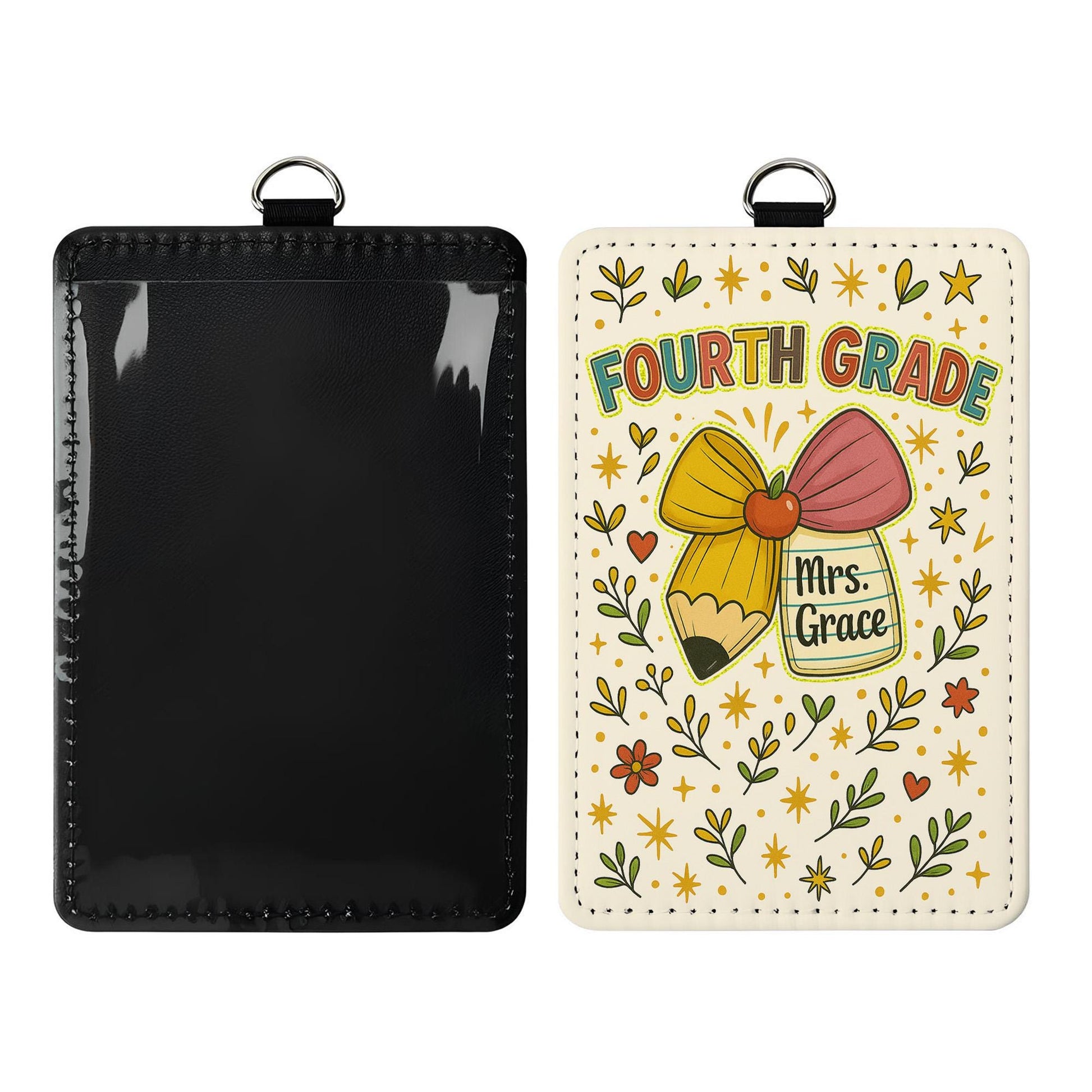 Fourth Grade Teacher Badge Holder, Faux Glitter ID Tag, Personalized Lanyard, Cute Pencil & Jar Design, Teacher Name Tag