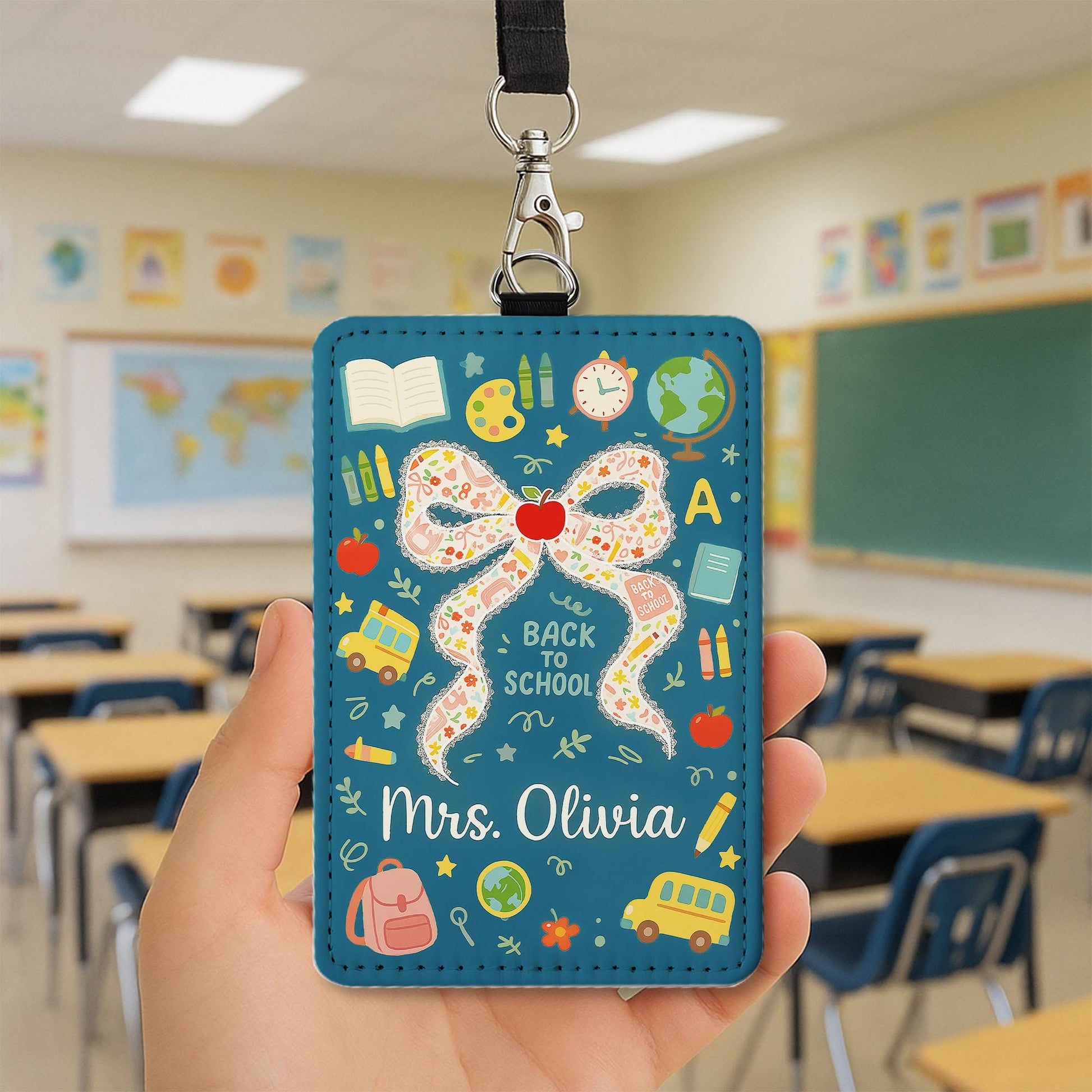 Back to School Teacher Badge, Custom ID Holder with Name, Cute Bow and Apple Design, Personalized Lanyard Tag for Teachers