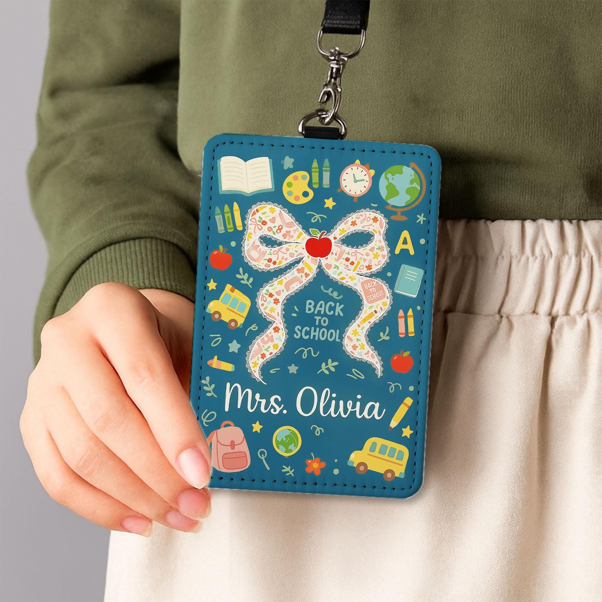 Back to School Teacher Badge, Custom ID Holder with Name, Cute Bow and Apple Design, Personalized Lanyard Tag for Teachers