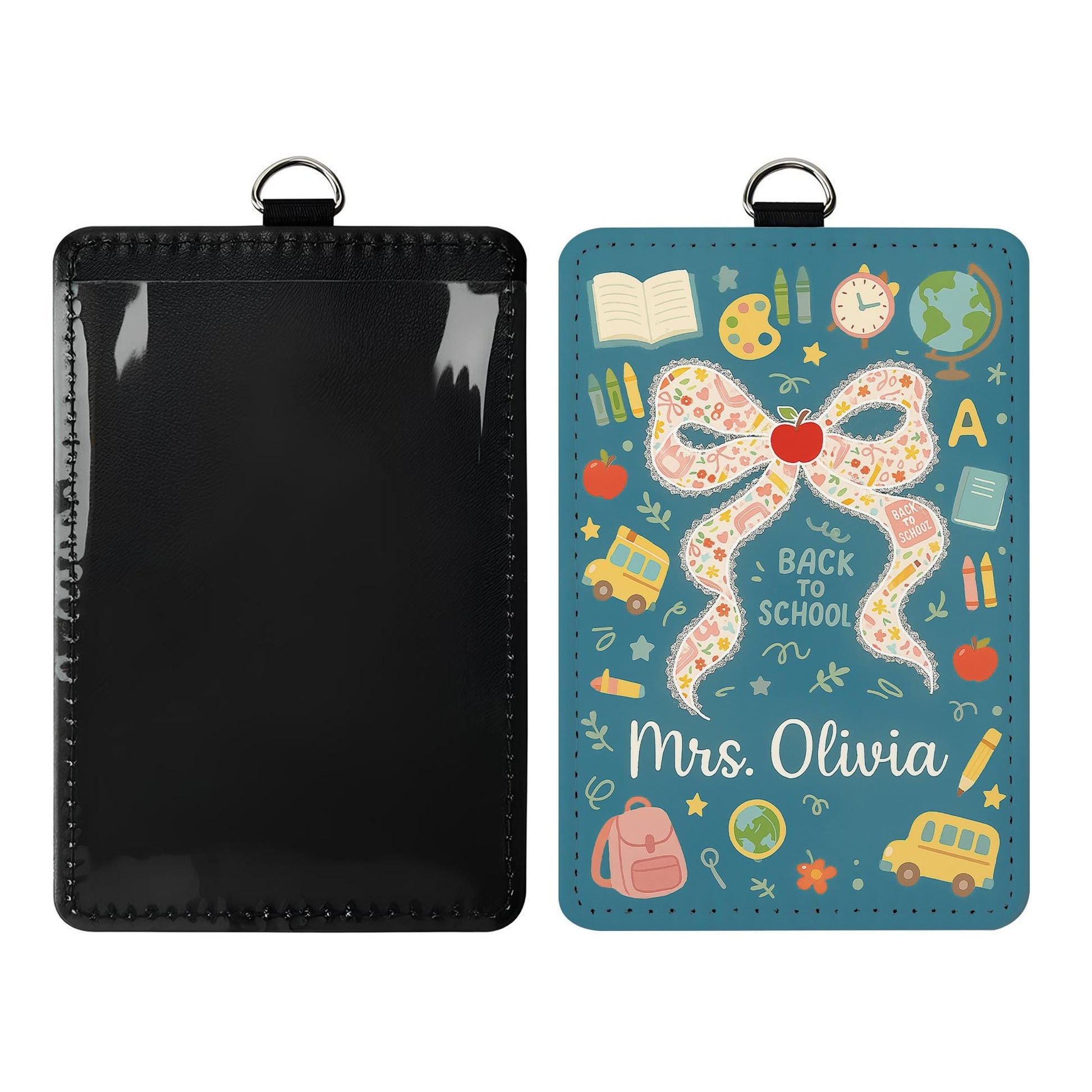 Back to School Teacher Badge, Custom ID Holder with Name, Cute Bow and Apple Design, Personalized Lanyard Tag for Teachers