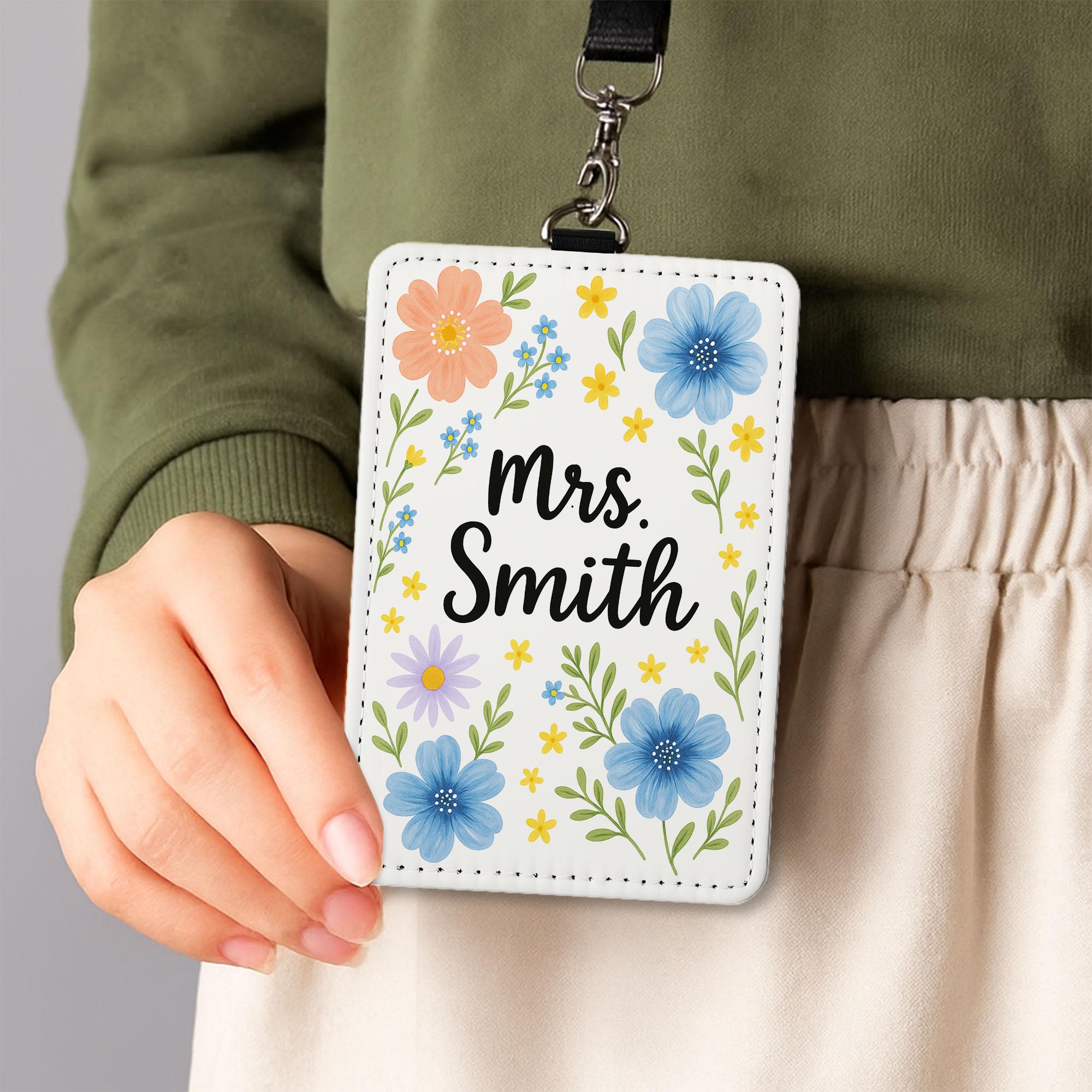 Floral Teacher Badge Holder, Custom Name ID Tag, Personalized Lanyard for Women, Cute Flower Design, Back to School Gift