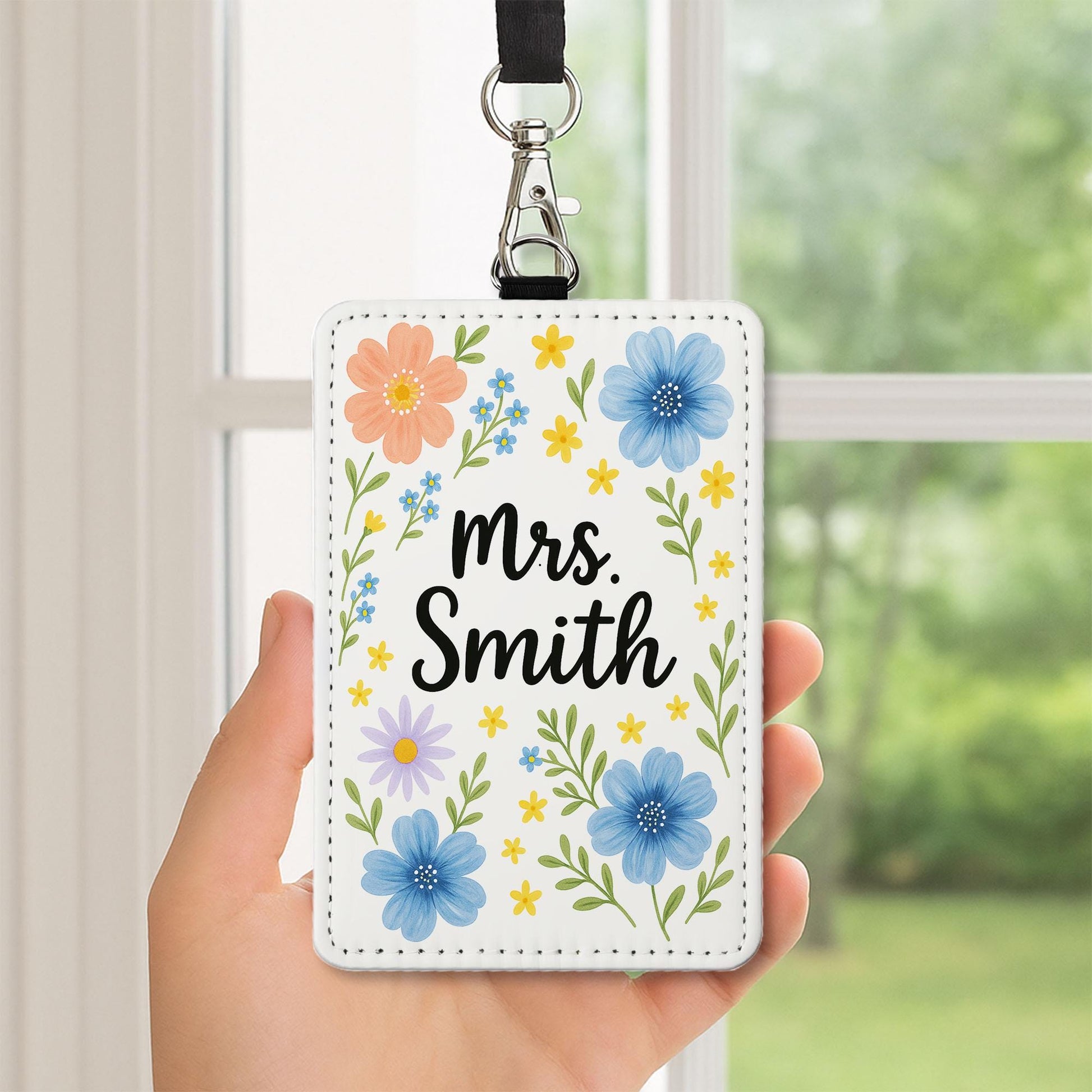 Floral Teacher Badge Holder, Custom Name ID Tag, Personalized Lanyard for Women, Cute Flower Design, Back to School Gift