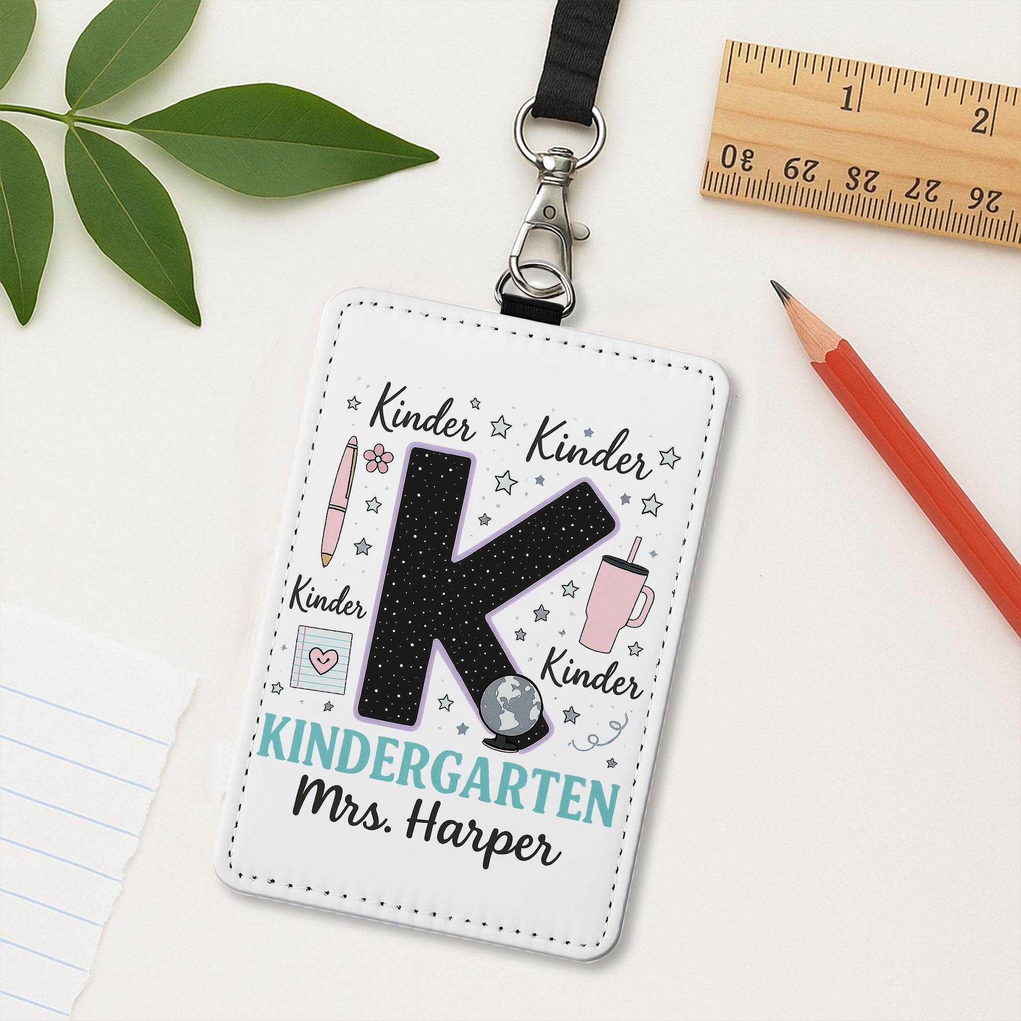 Kindergarten Teacher Badge, Personalized ID Holder with Name, Cute K Design, Back to School Gift, Custom Lanyard for Teachers