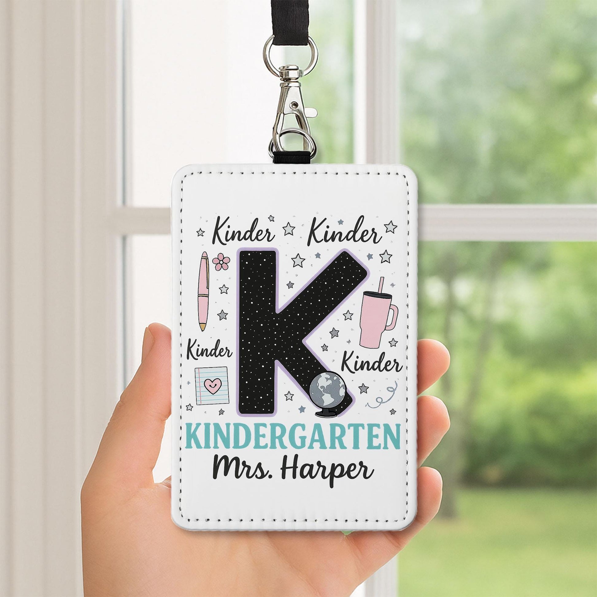 Kindergarten Teacher Badge, Personalized ID Holder with Name, Cute K Design, Back to School Gift, Custom Lanyard for Teachers