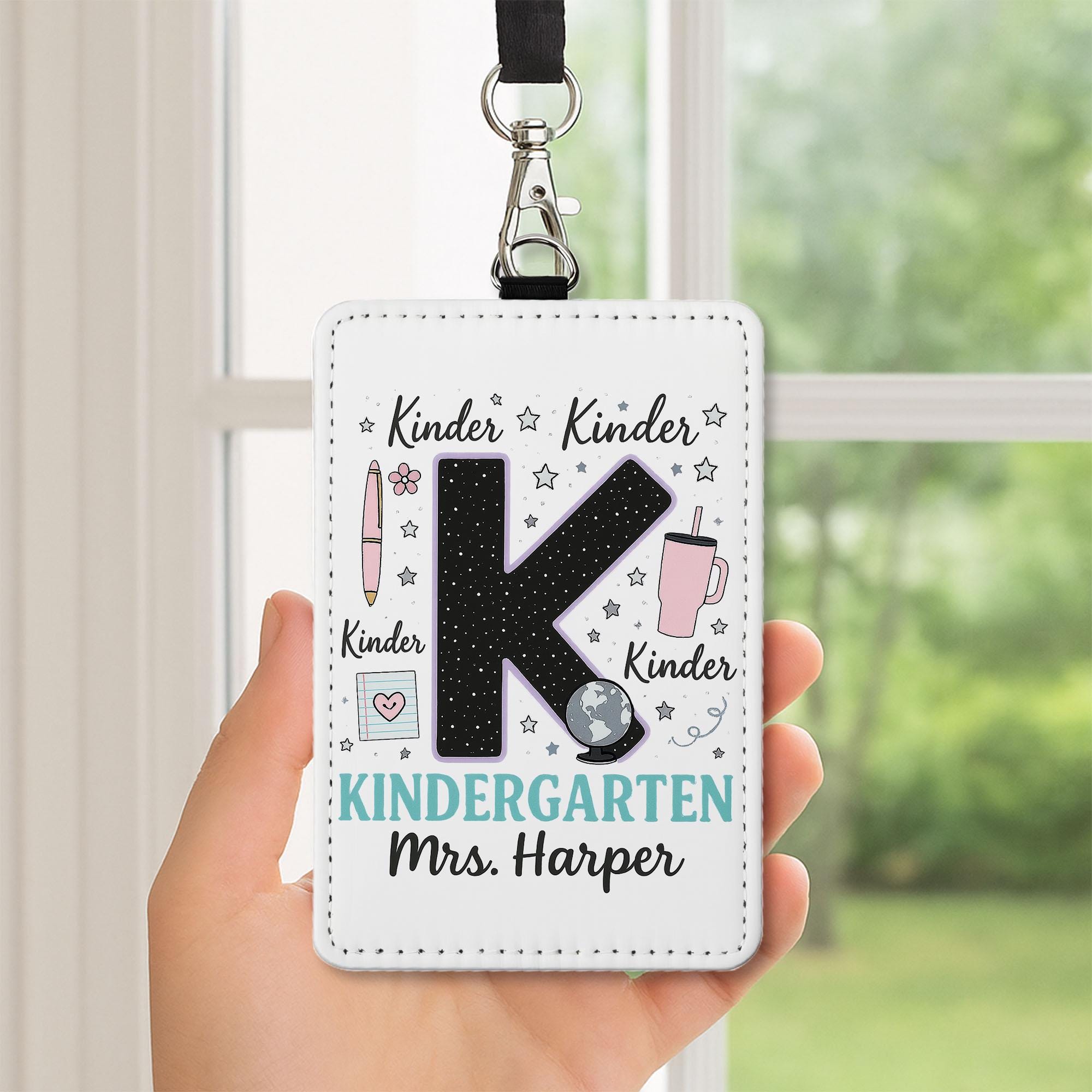 Kindergarten Teacher Badge, Personalized ID Holder with Name, Cute K Design, Back to School Gift, Custom Lanyard for Teachers