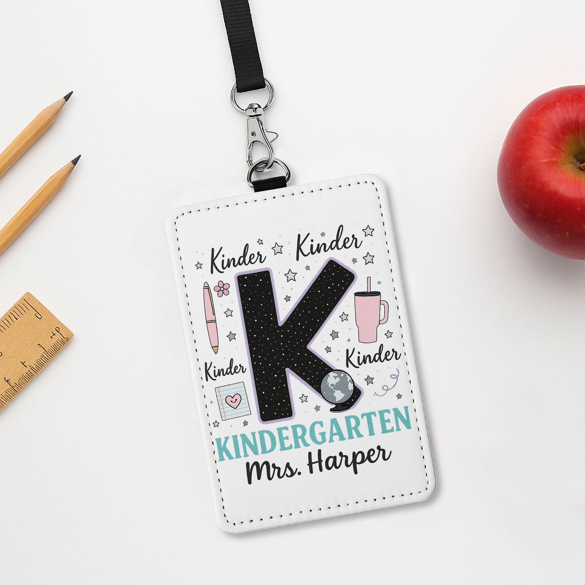 Kindergarten Teacher Badge, Personalized ID Holder with Name, Cute K Design, Back to School Gift, Custom Lanyard for Teachers