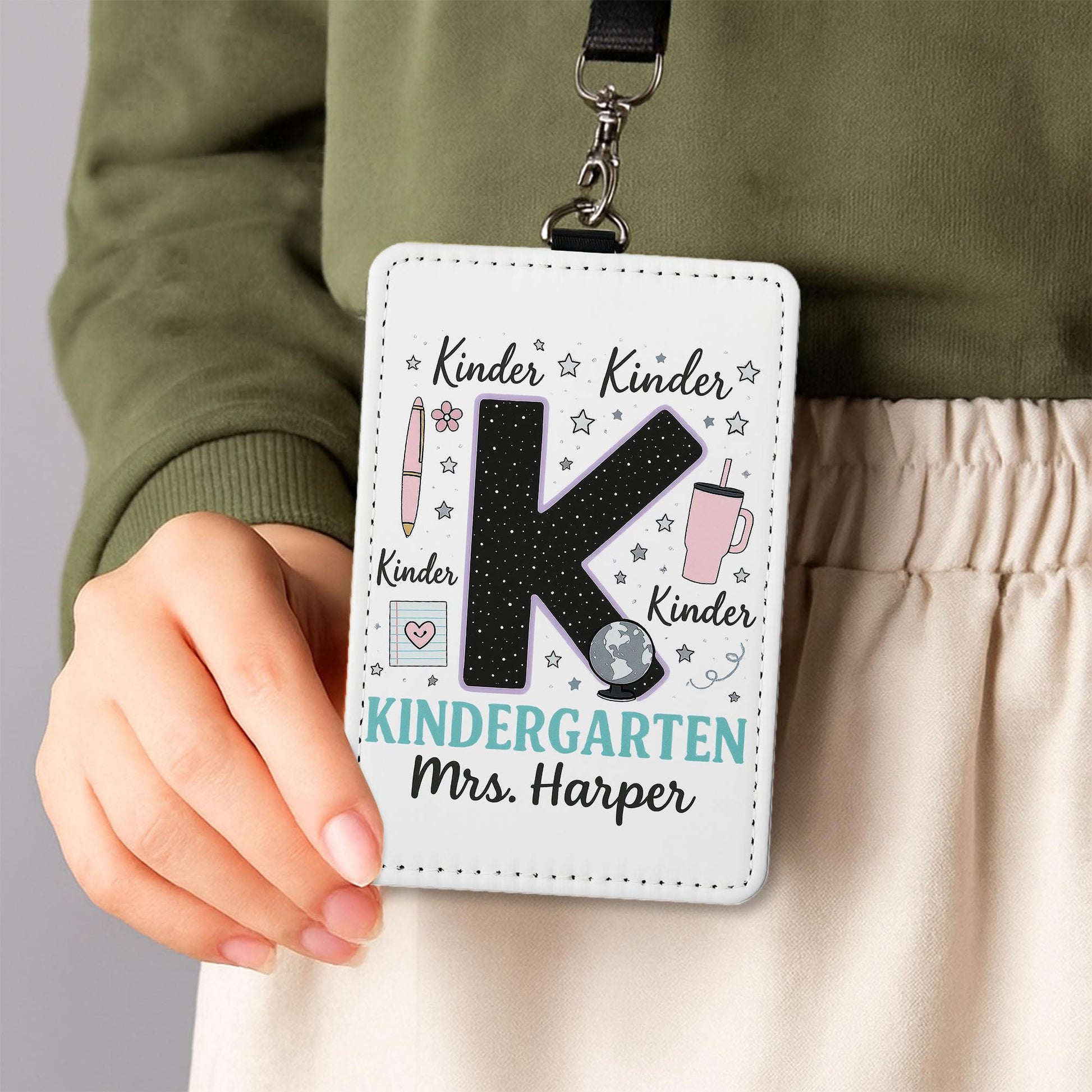 Kindergarten Teacher Badge, Personalized ID Holder with Name, Cute K Design, Back to School Gift, Custom Lanyard for Teachers