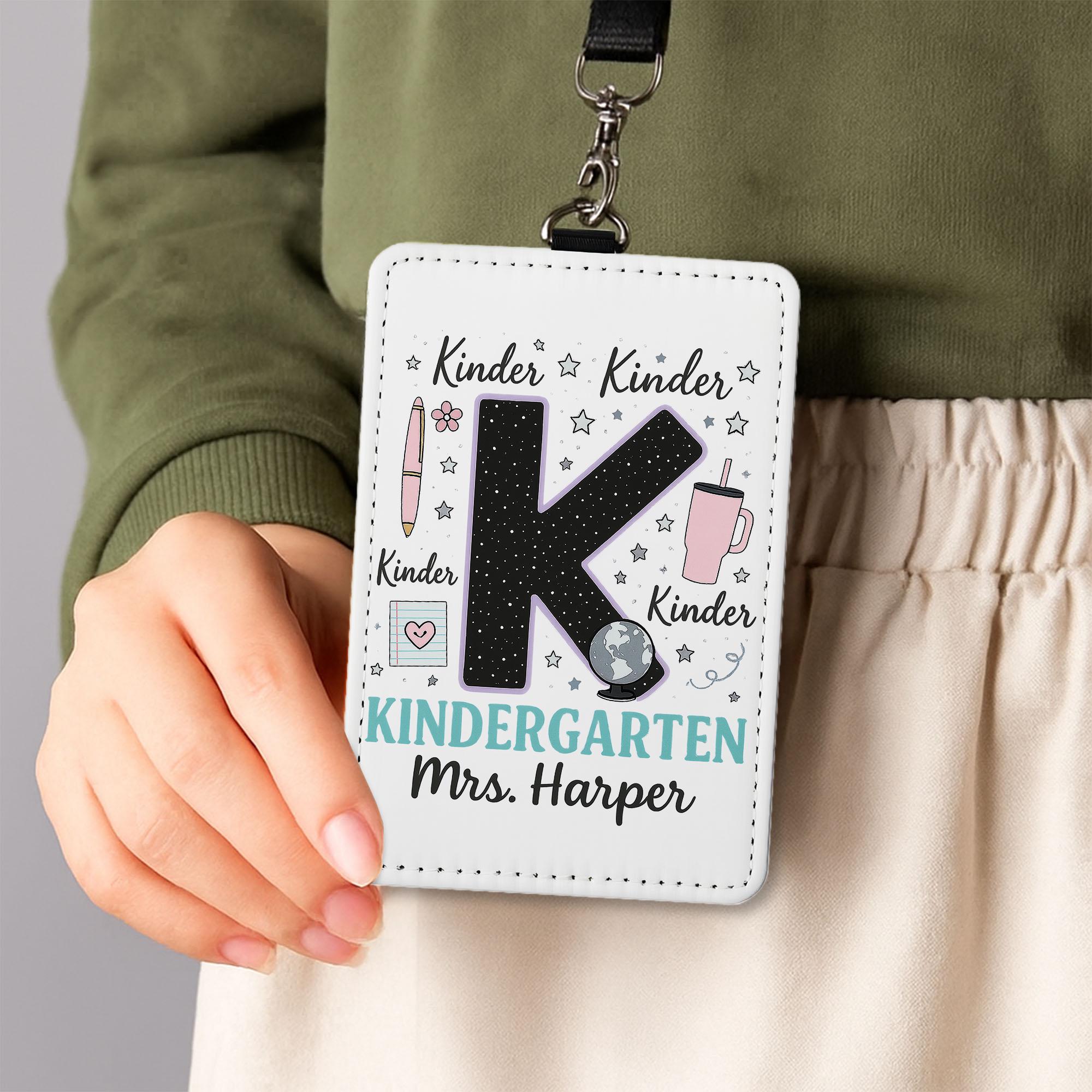 Kindergarten Teacher Badge, Personalized ID Holder with Name, Cute K Design, Back to School Gift, Custom Lanyard for Teachers
