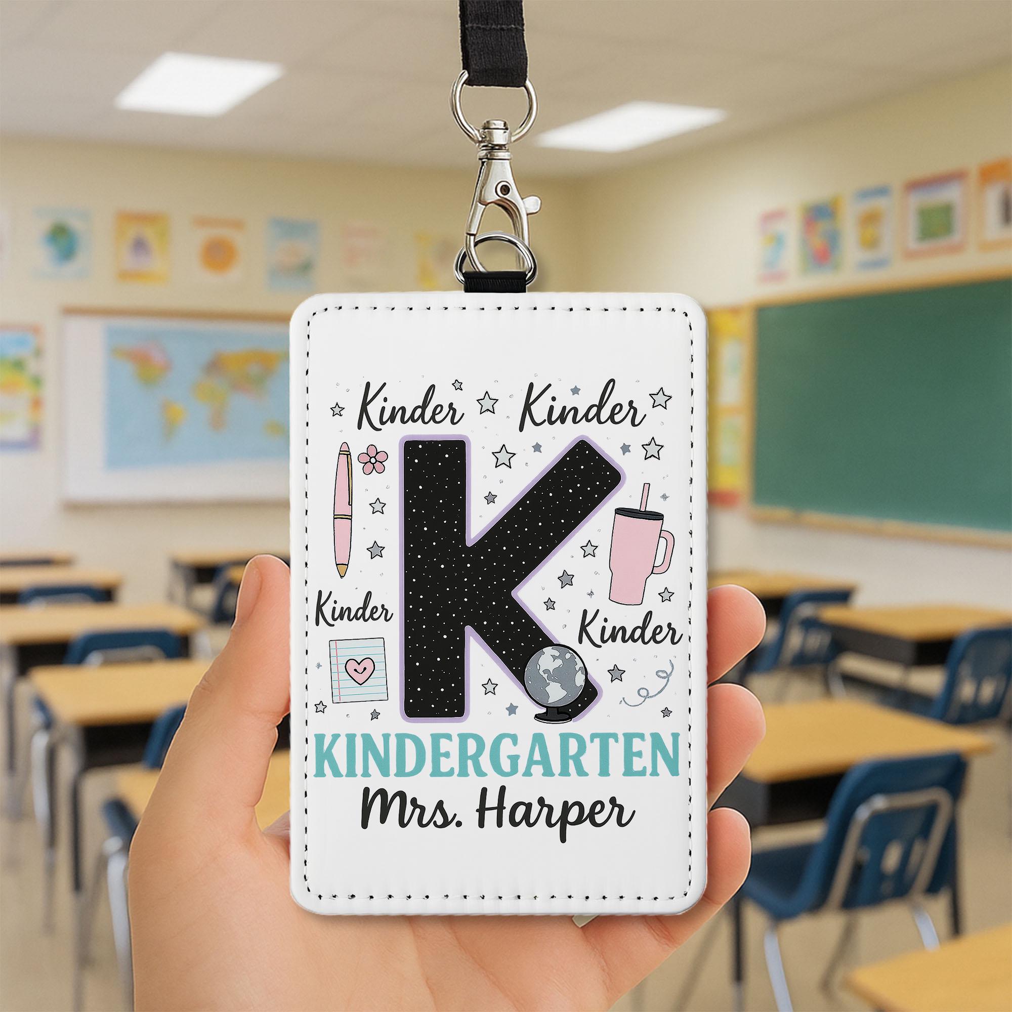 Kindergarten Teacher Badge, Personalized ID Holder with Name, Cute K Design, Back to School Gift, Custom Lanyard for Teachers