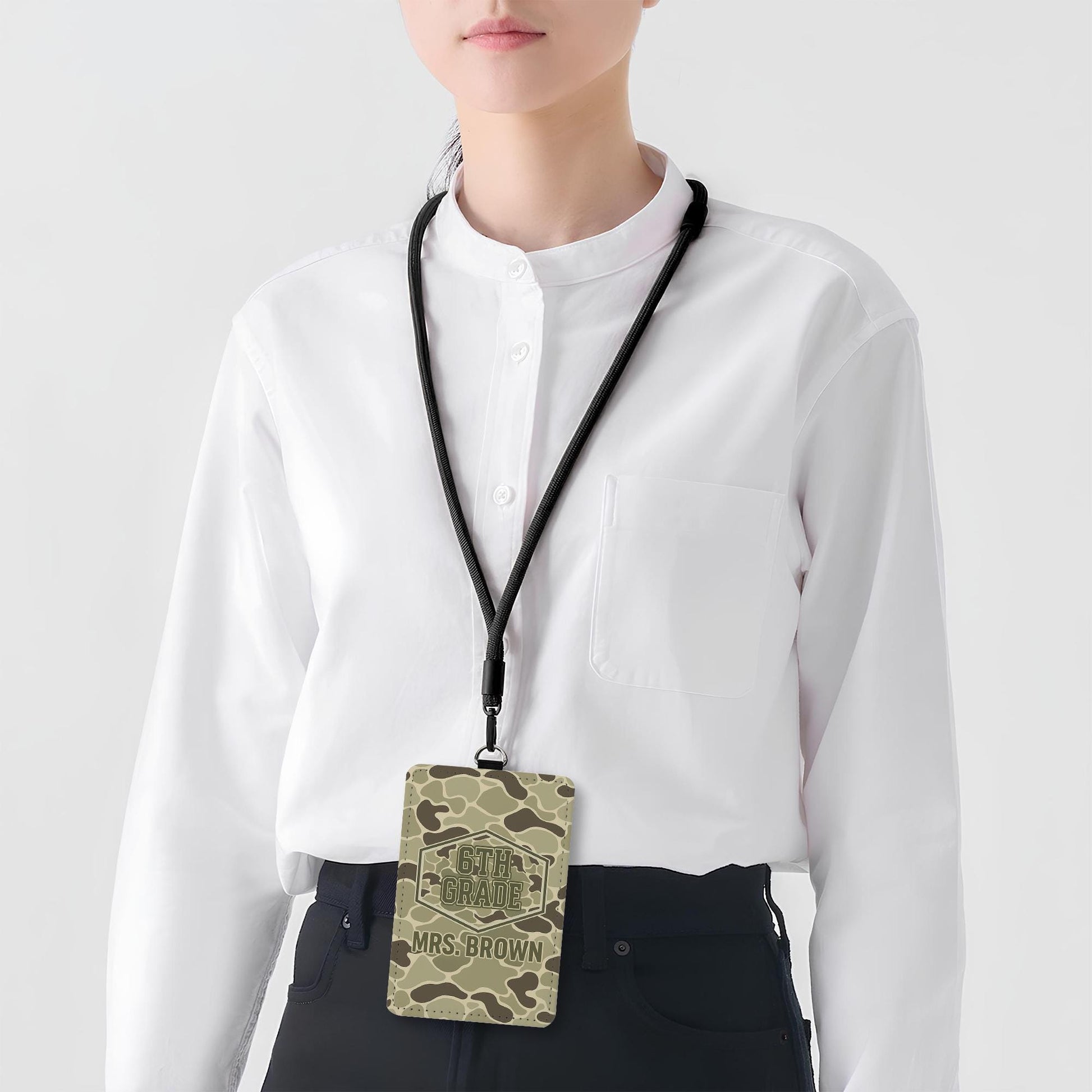 6th Grade Teacher Badge Holder, Personalized Camouflage ID Tag, Custom Name Badge for Men or Women, Back to School Teacher Gift