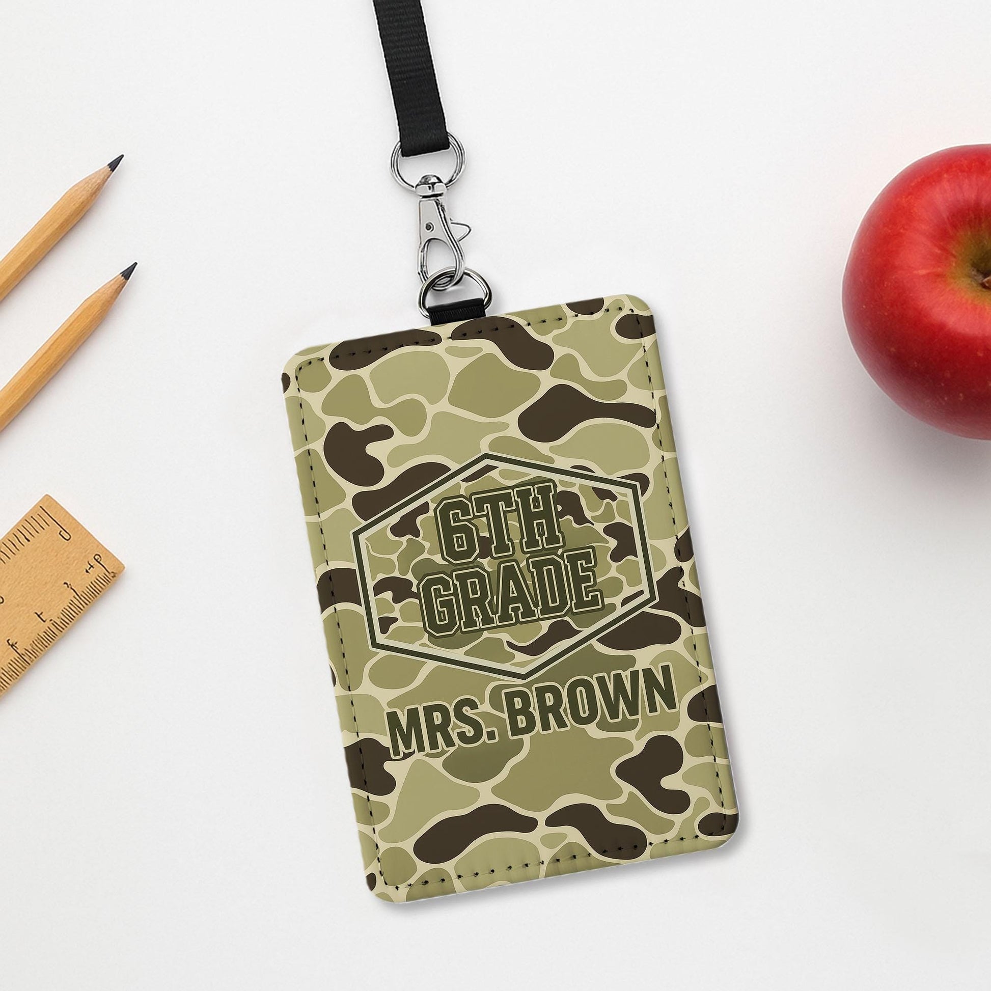 6th Grade Teacher Badge Holder, Personalized Camouflage ID Tag, Custom Name Badge for Men or Women, Back to School Teacher Gift