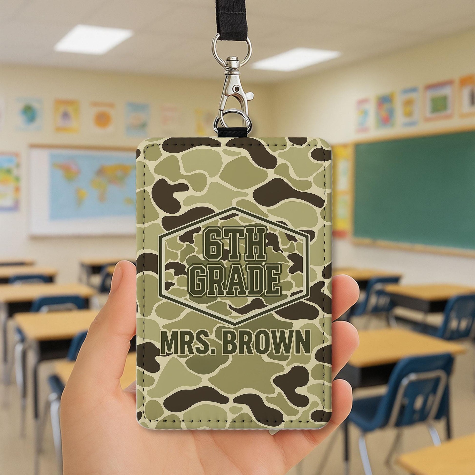 6th Grade Teacher Badge Holder, Personalized Camouflage ID Tag, Custom Name Badge for Men or Women, Back to School Teacher Gift