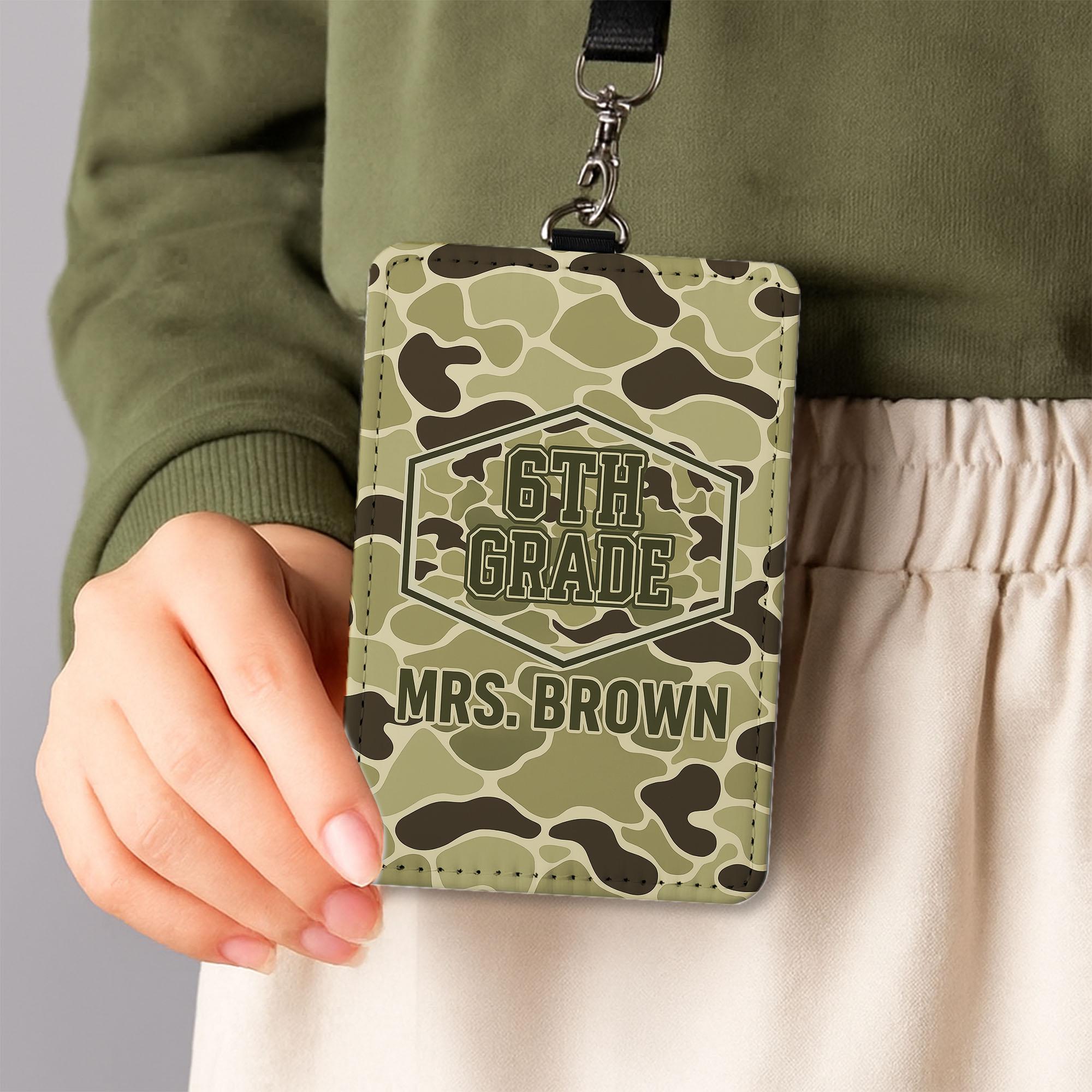 6th Grade Teacher Badge Holder, Personalized Camouflage ID Tag, Custom Name Badge for Men or Women, Back to School Teacher Gift