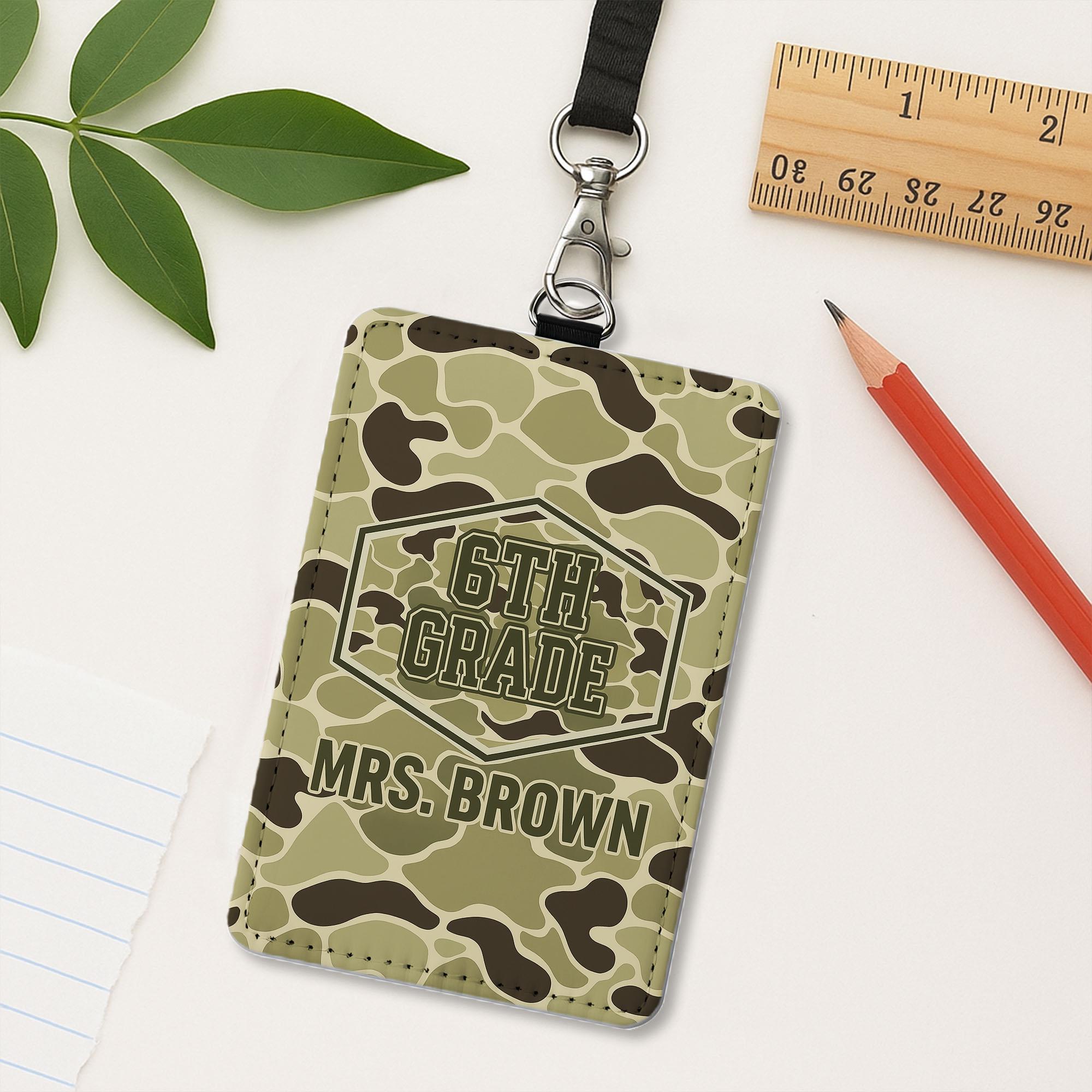 6th Grade Teacher Badge Holder, Personalized Camouflage ID Tag, Custom Name Badge for Men or Women, Back to School Teacher Gift