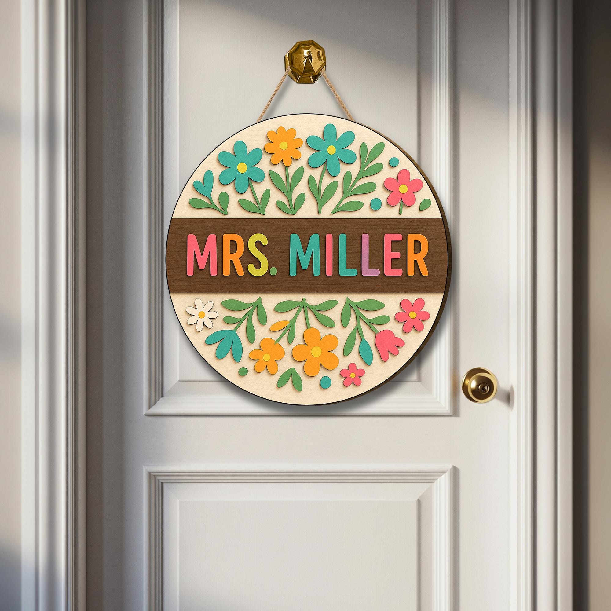 Teacher Door Hanger Sign, Custom Classroom Sign with Name, Floral Welcome Decor, Personalized Back to School Gift for Teachers