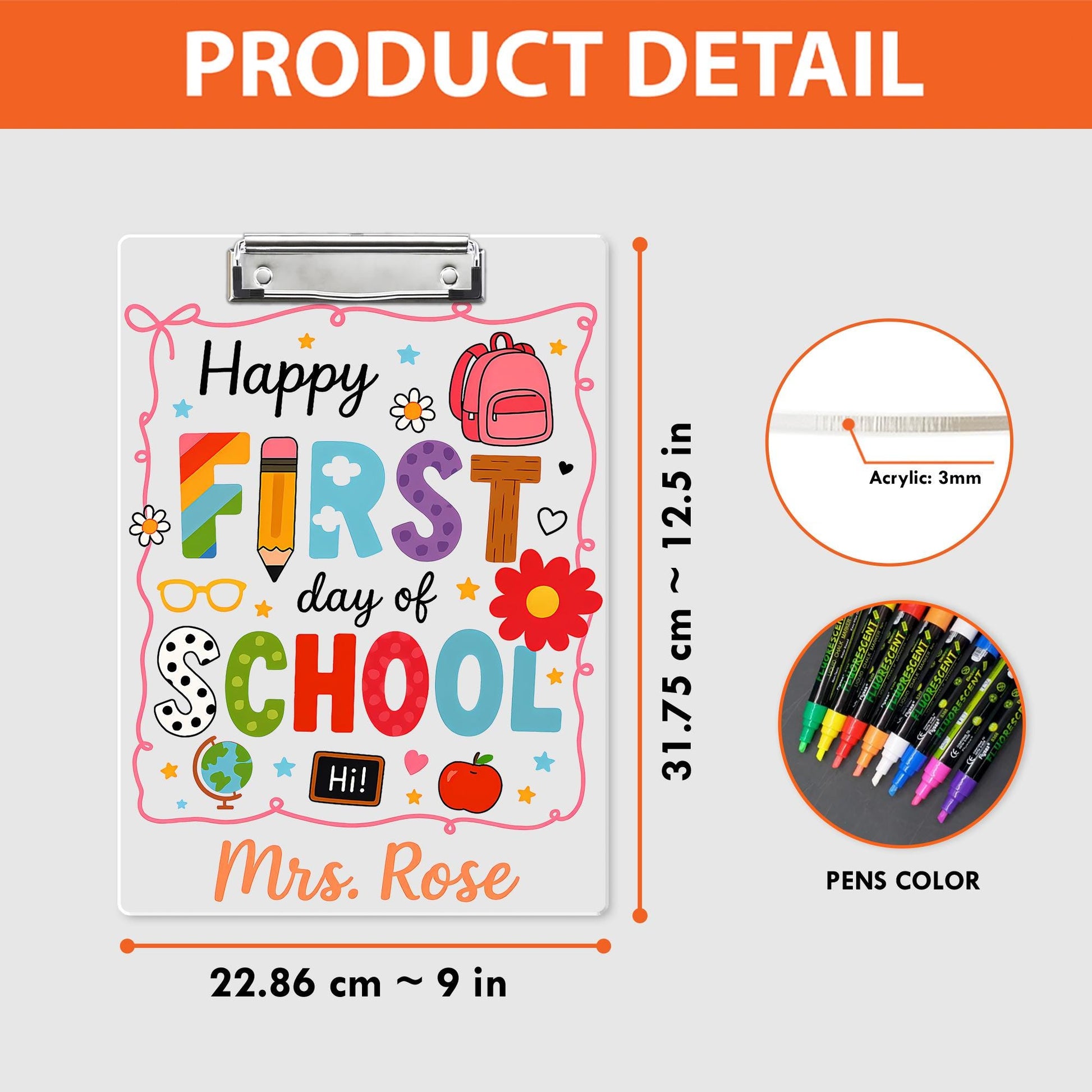 First Day of School Clipboard, Personalized Teacher Clipboard, Custom Name Classroom Gift, Cute Back to School Office Supplies