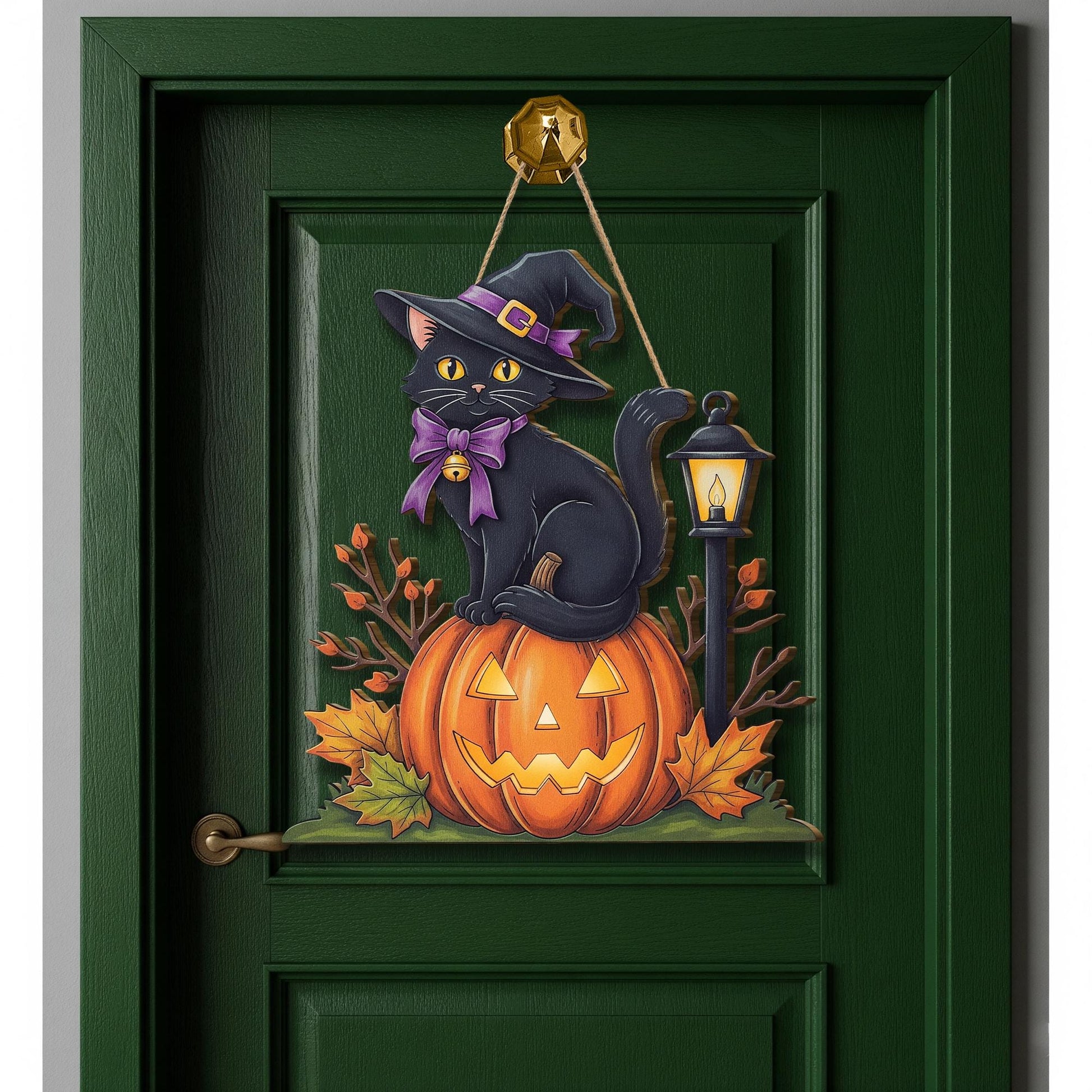 Halloween Black Cat Door Hanger – Cute Witch Cat Pumpkin Sign – Fall Porch Decor – Jack O’Lantern Kitty Hanging Decoration