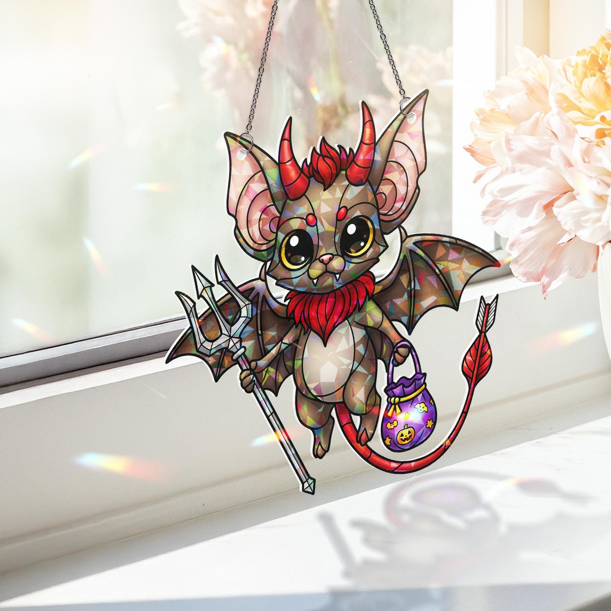 Cute Devil Bat Suncatcher – Halloween Stained Glass Ornament – Kawaii Demon Bat Window Hanging – Spooky Trick or Treat Decor