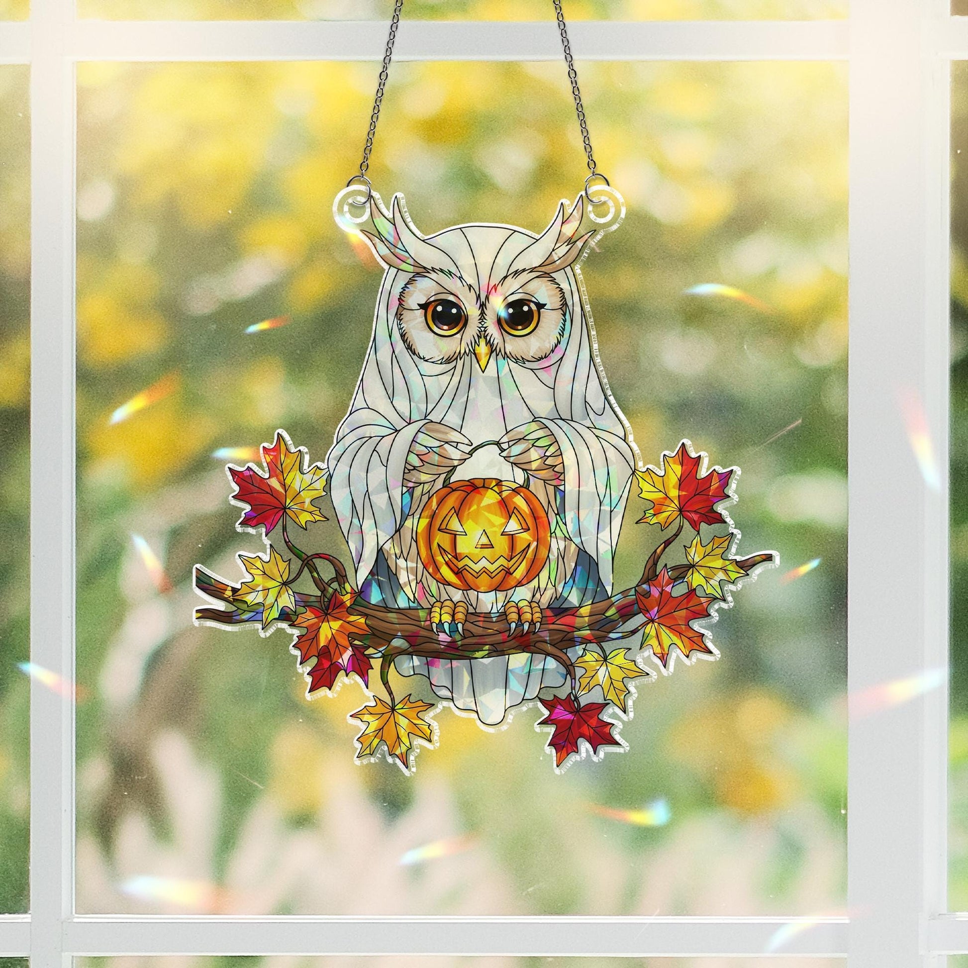 Ghost Owl Suncatcher – Halloween Stained Glass Owl Decor – Cute Spooky Fall Window Hanging – Jack O’Lantern Owl Ornament