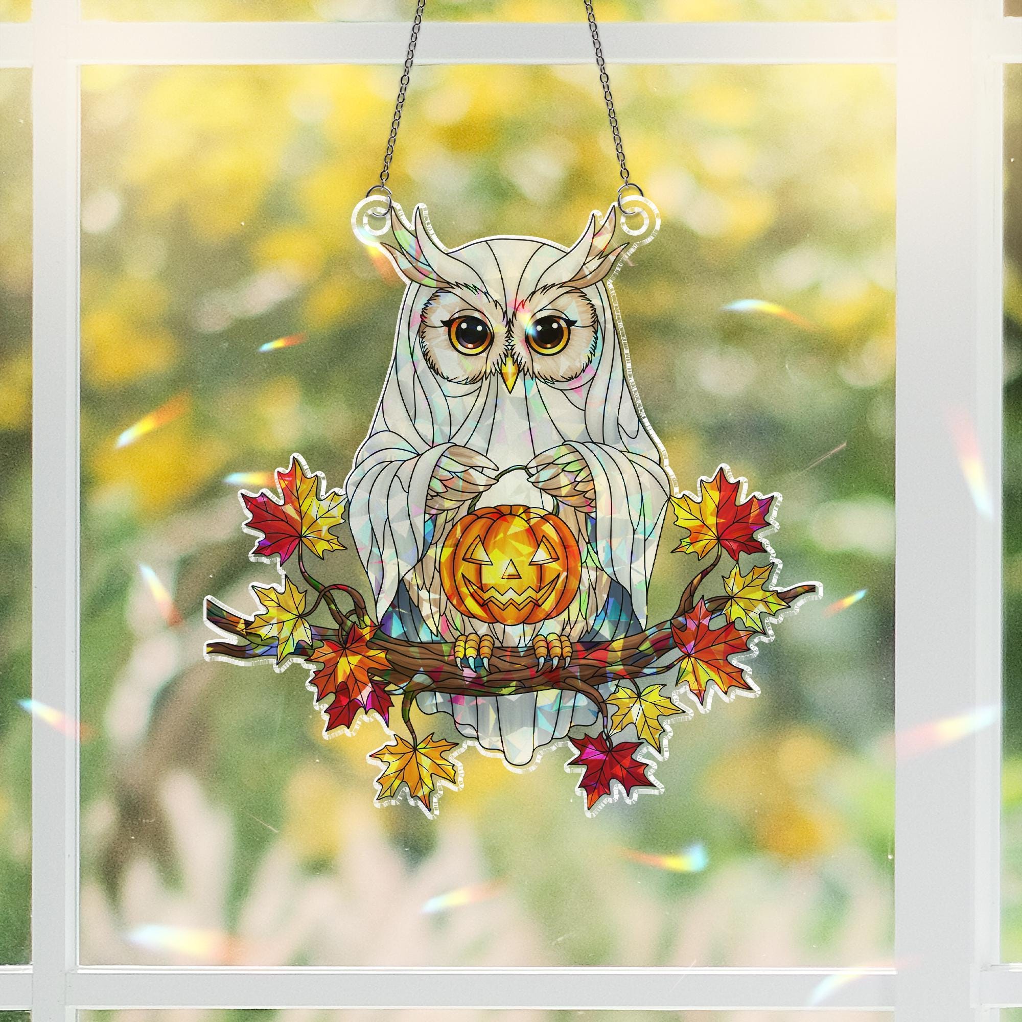 Ghost Owl Suncatcher – Halloween Stained Glass Owl Decor – Cute Spooky Fall Window Hanging – Jack O’Lantern Owl Ornament