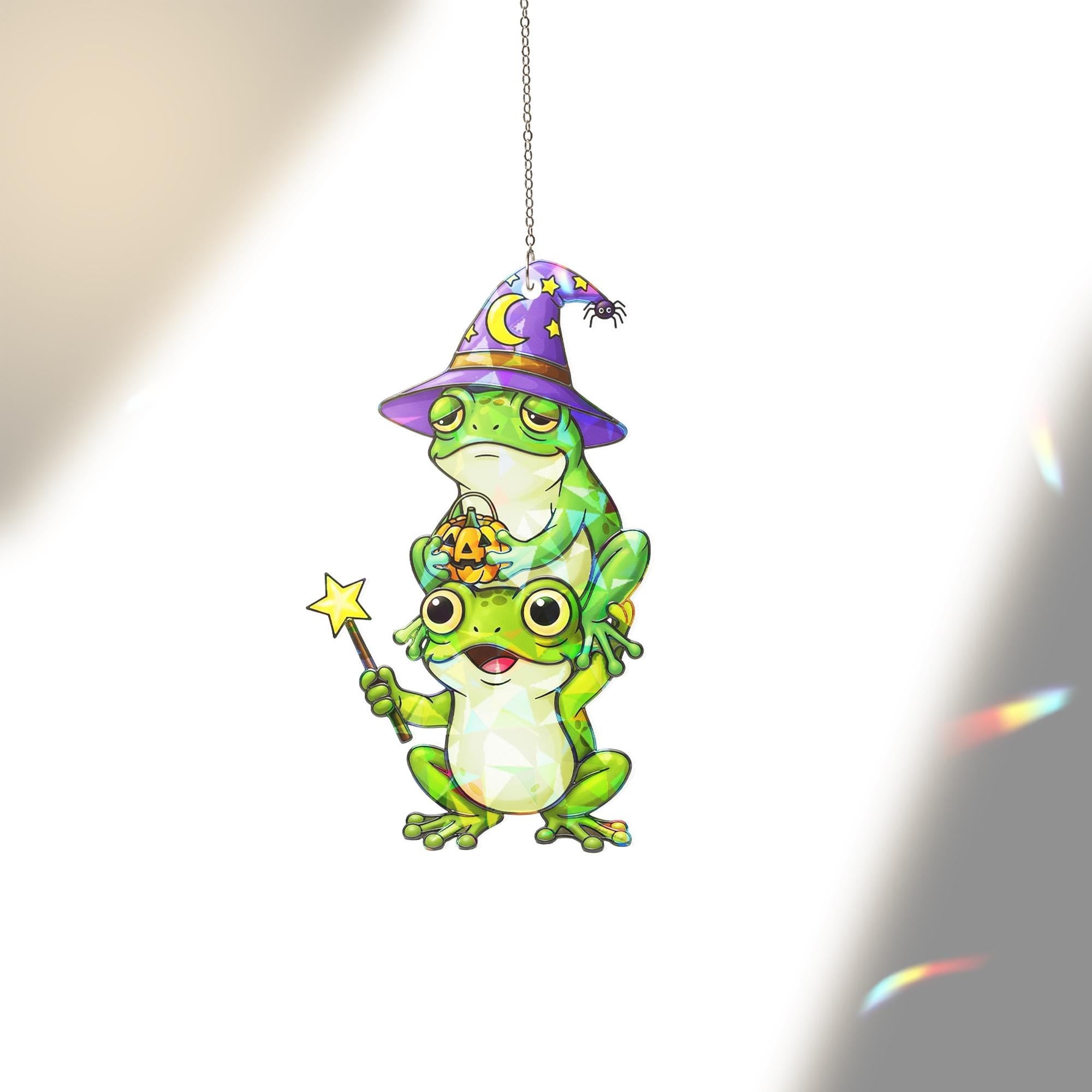 Halloween Frog Suncatcher – Cute Witch Frog Window Hanging – Stained Glass Frog Ornament – Funny Fall Frog Halloween Decor
