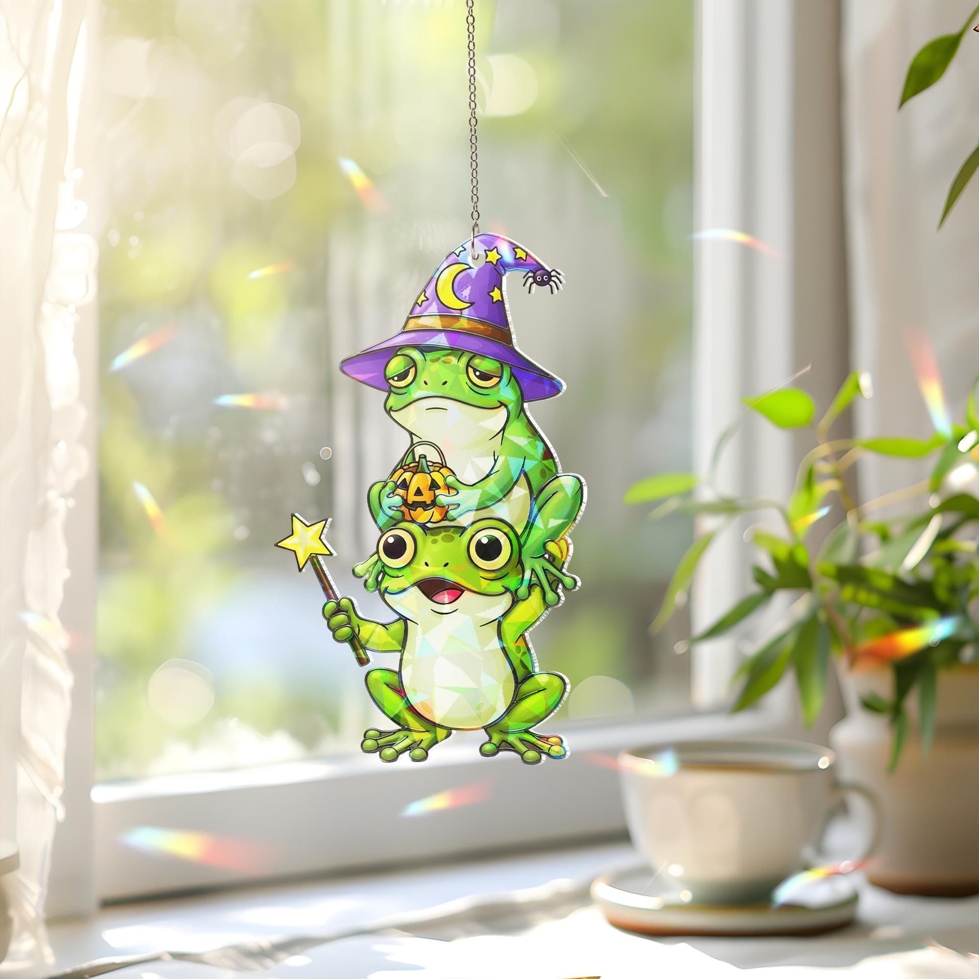 Halloween Frog Suncatcher – Cute Witch Frog Window Hanging – Stained Glass Frog Ornament – Funny Fall Frog Halloween Decor