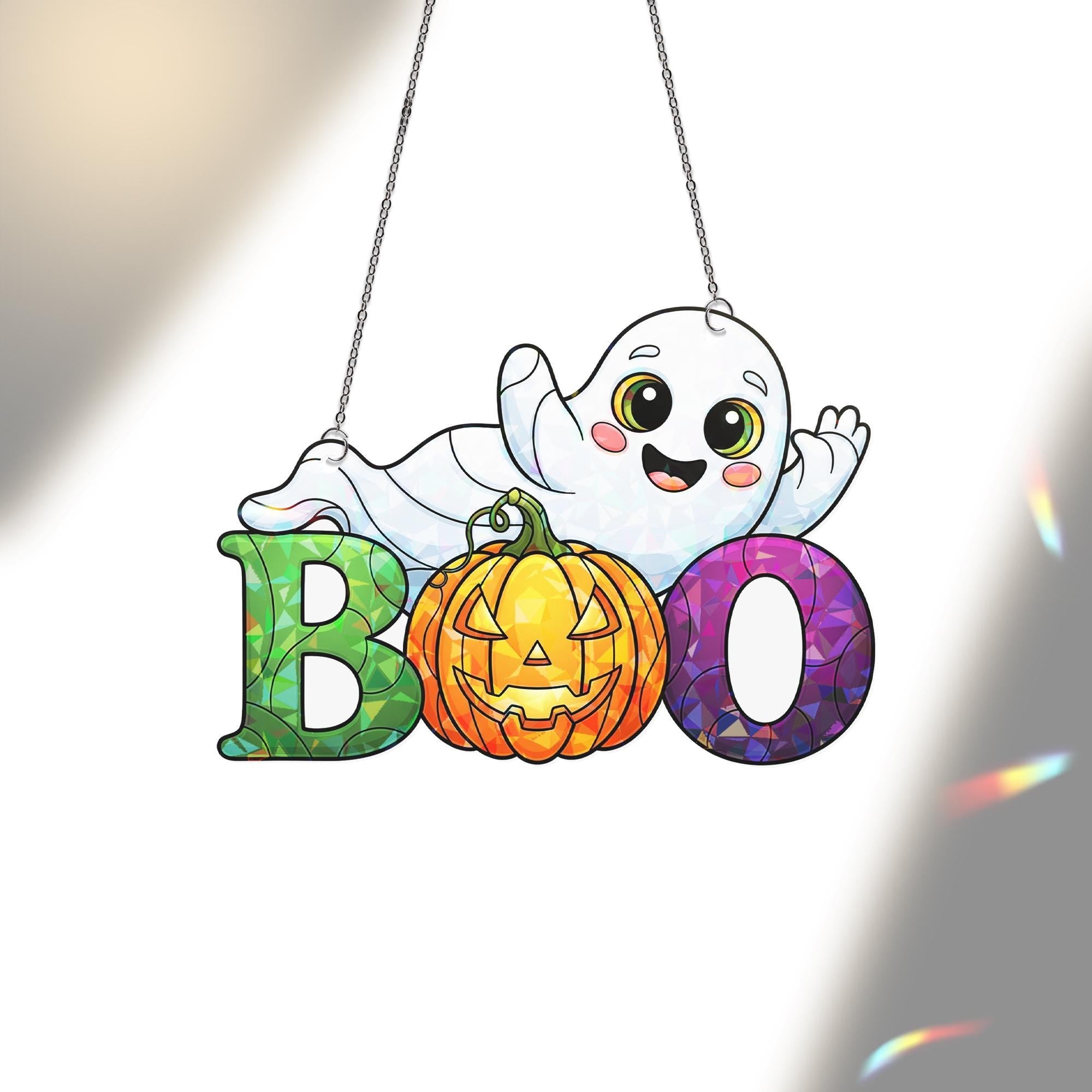 Cute Ghost BOO Suncatcher – Halloween Stained Glass Window Hanging – Smiling Pumpkin Ghost Ornament – Fun Fall Window Decor