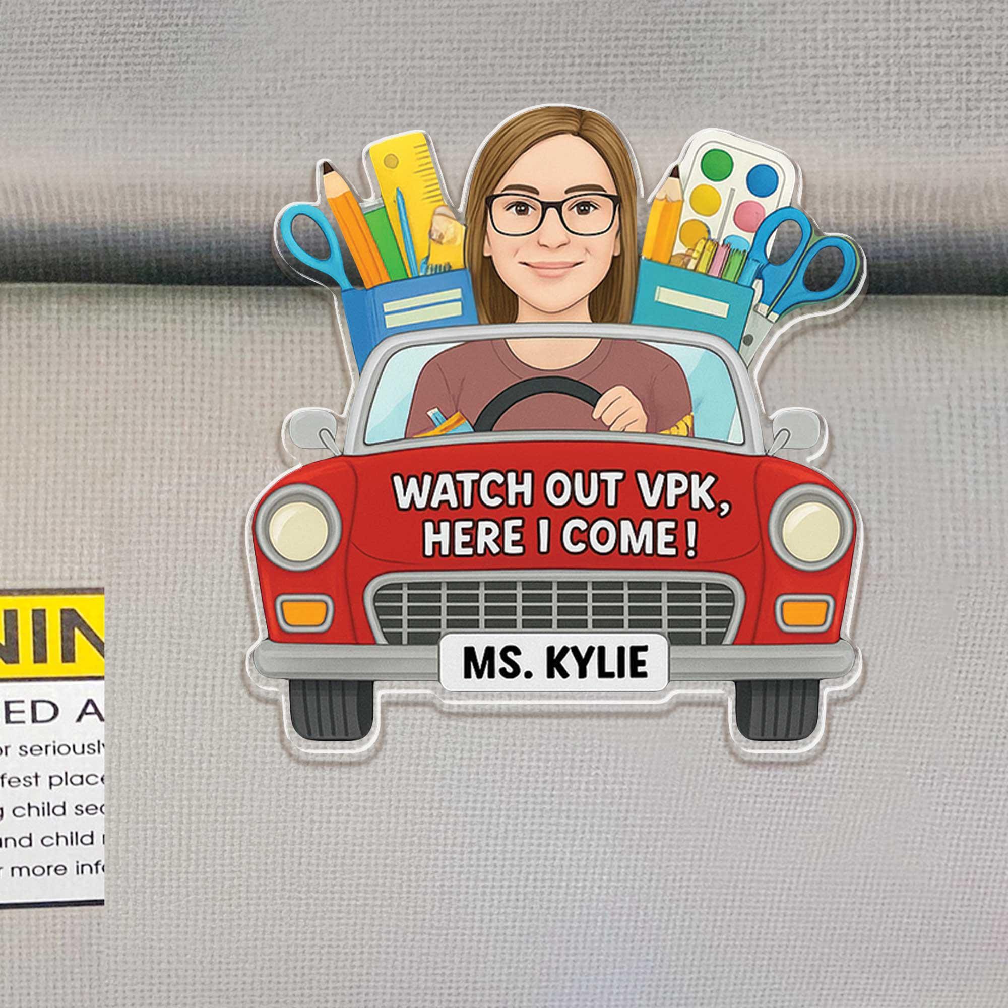 Personalized Teacher Car Visor Clip, Custom VPK Teacher Gift for Her, Cute Car Accessory, First Day of School Cartoon Portrait
