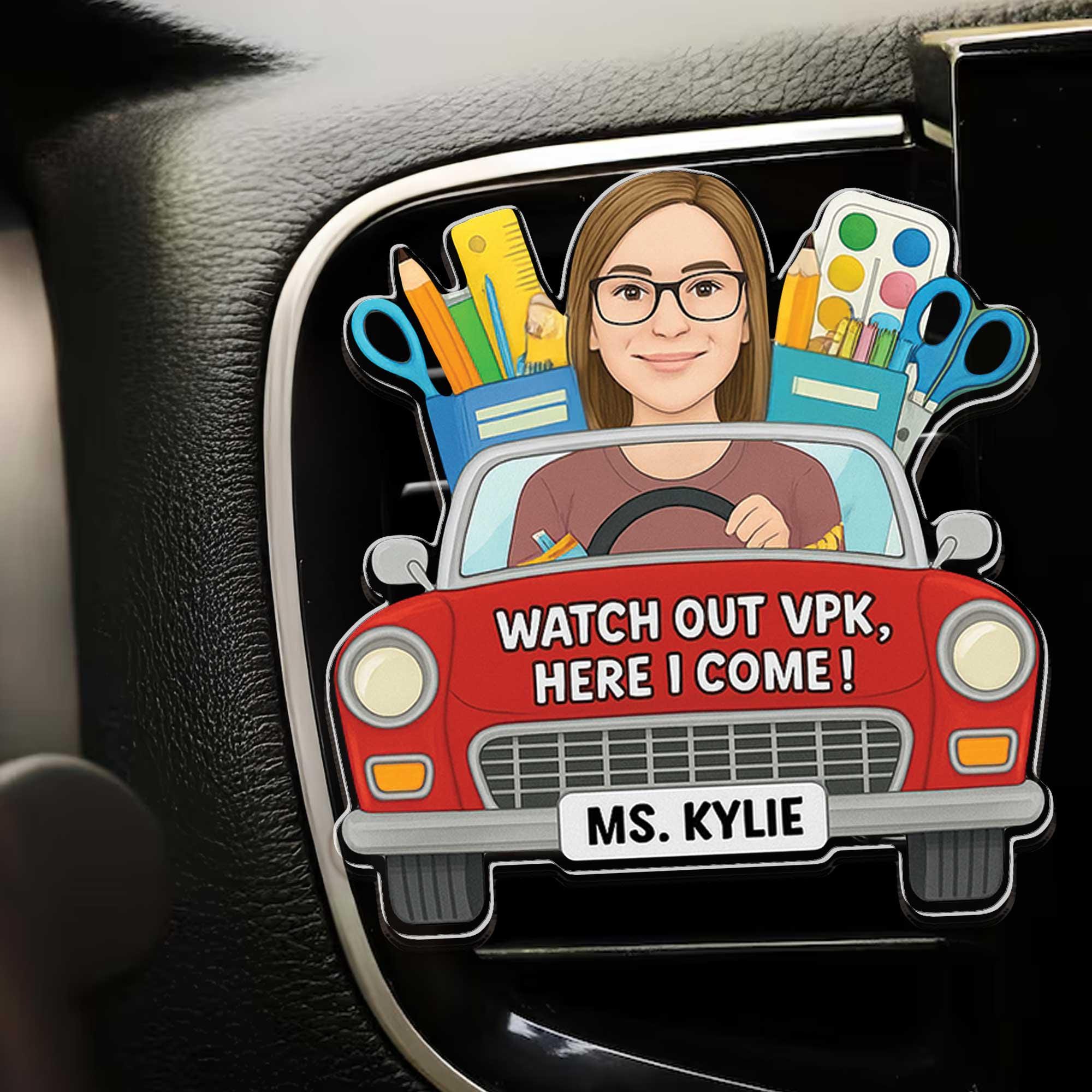 Personalized Teacher Car Visor Clip, Custom VPK Teacher Gift for Her, Cute Car Accessory, First Day of School Cartoon Portrait
