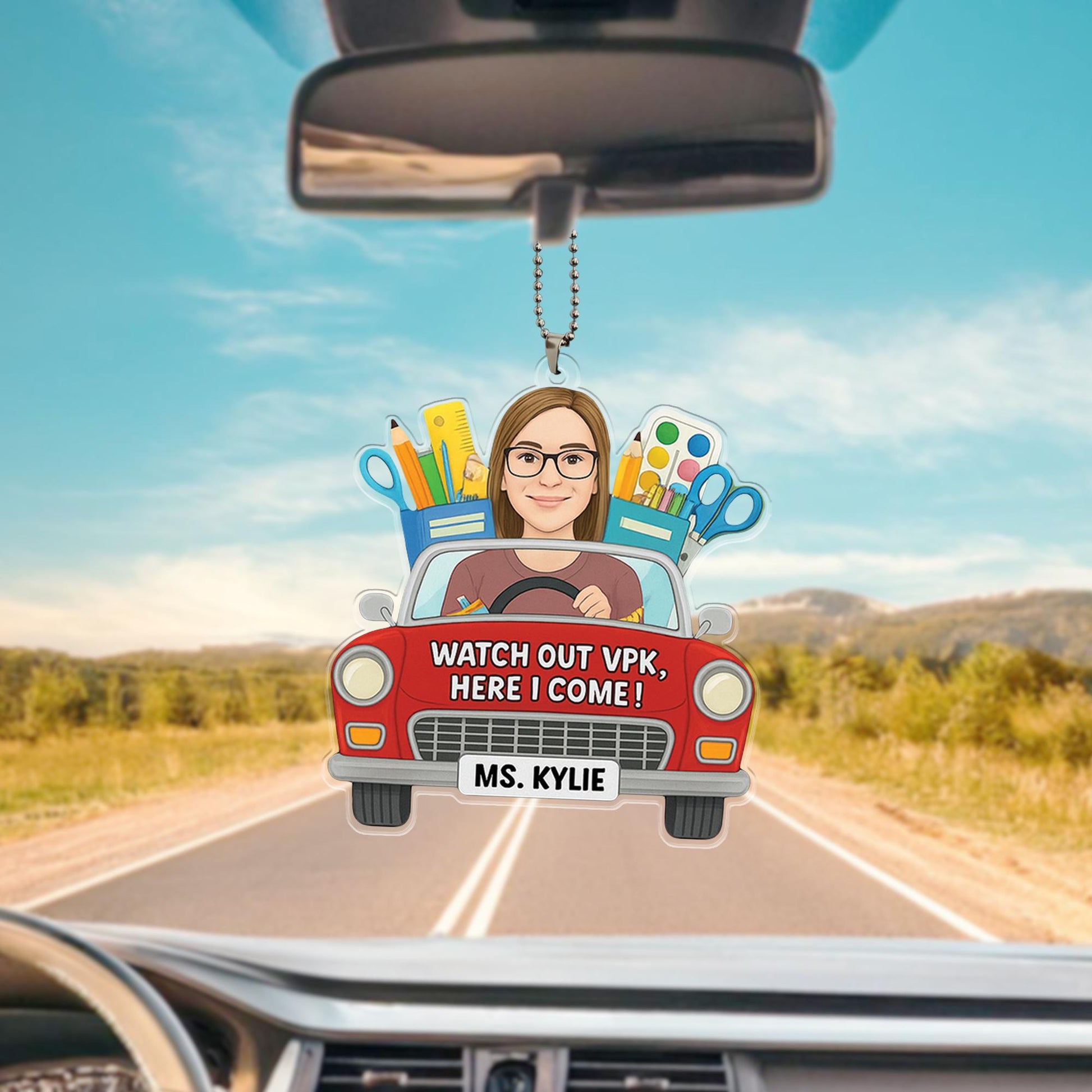 Personalized Teacher Car Visor Clip, Custom VPK Teacher Gift for Her, Cute Car Accessory, First Day of School Cartoon Portrait