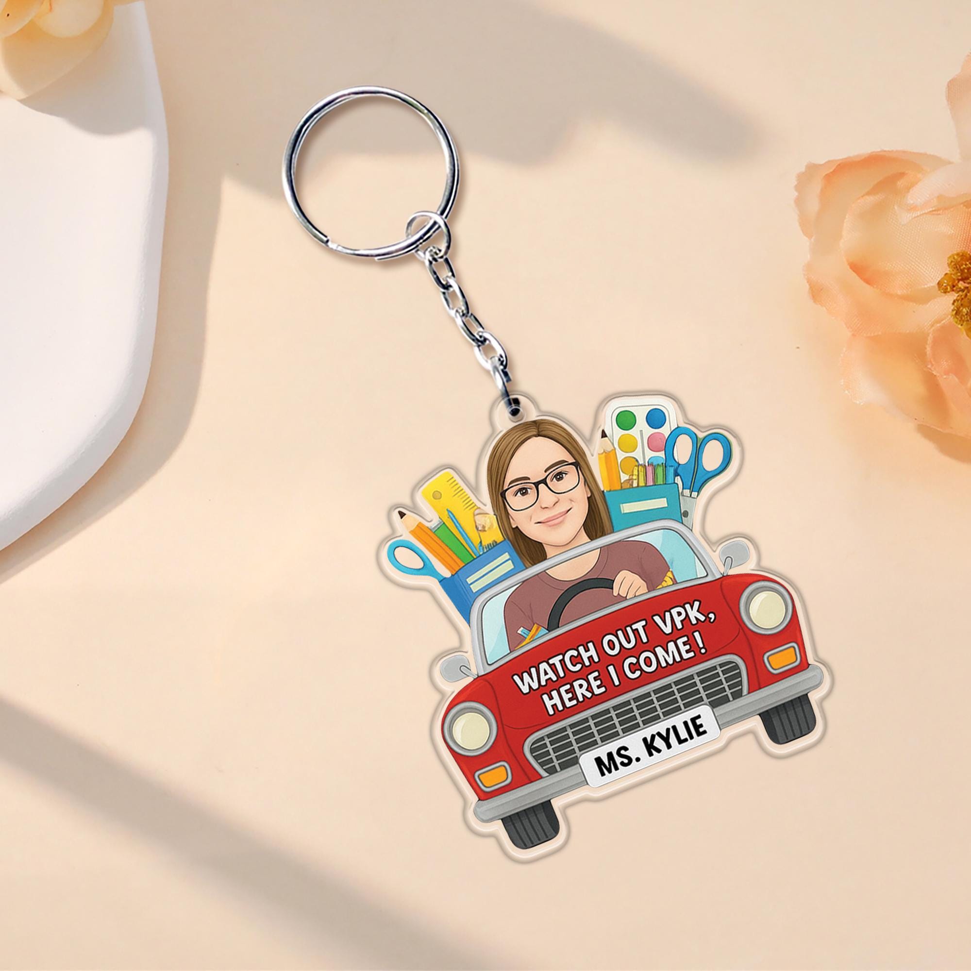 Personalized Teacher Car Visor Clip, Custom VPK Teacher Gift for Her, Cute Car Accessory, First Day of School Cartoon Portrait