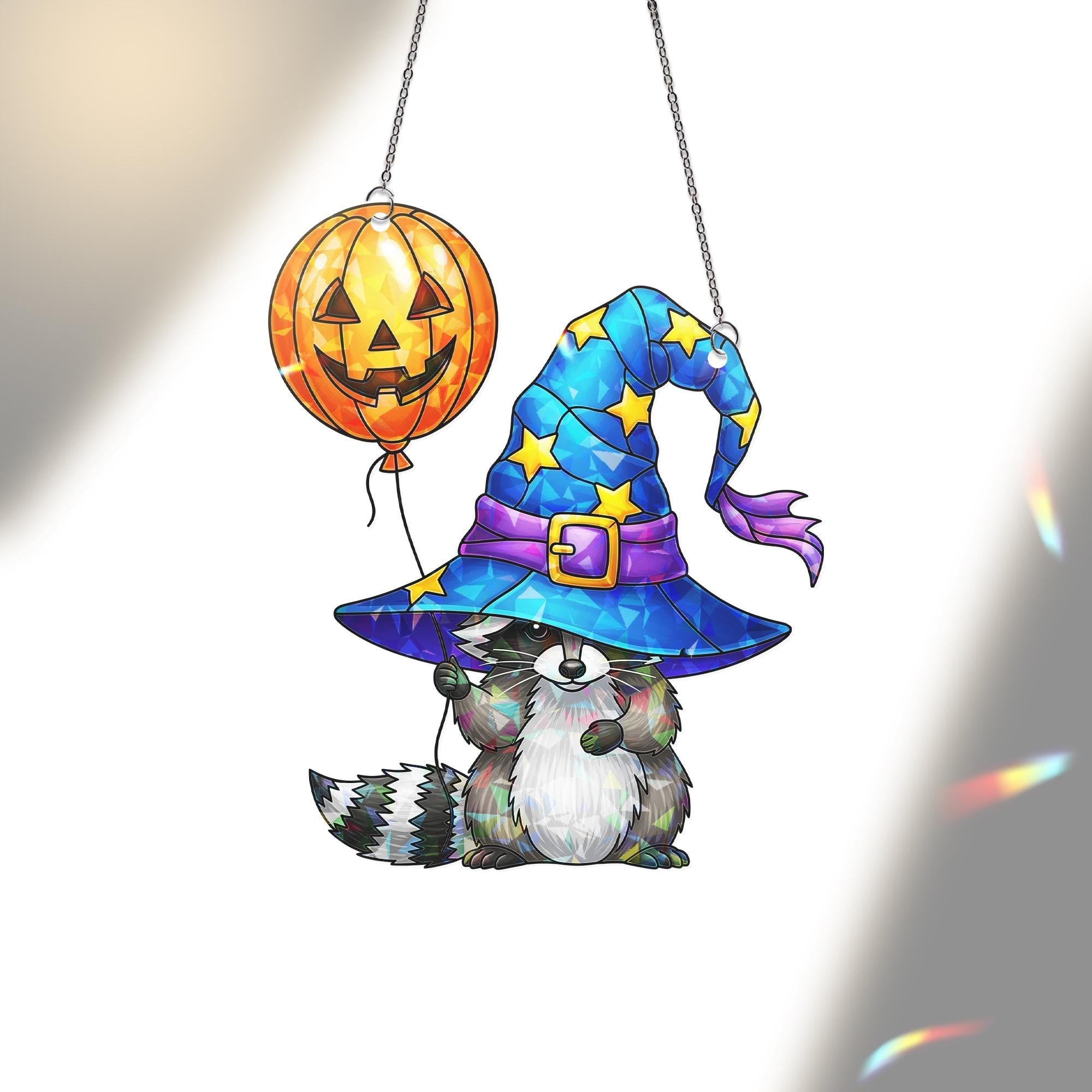 Halloween Raccoon Witch Suncatcher, Stained Glass Style Animal Decor, Spooky Autumn Window Hanging, Unique Gift for Halloween Lover