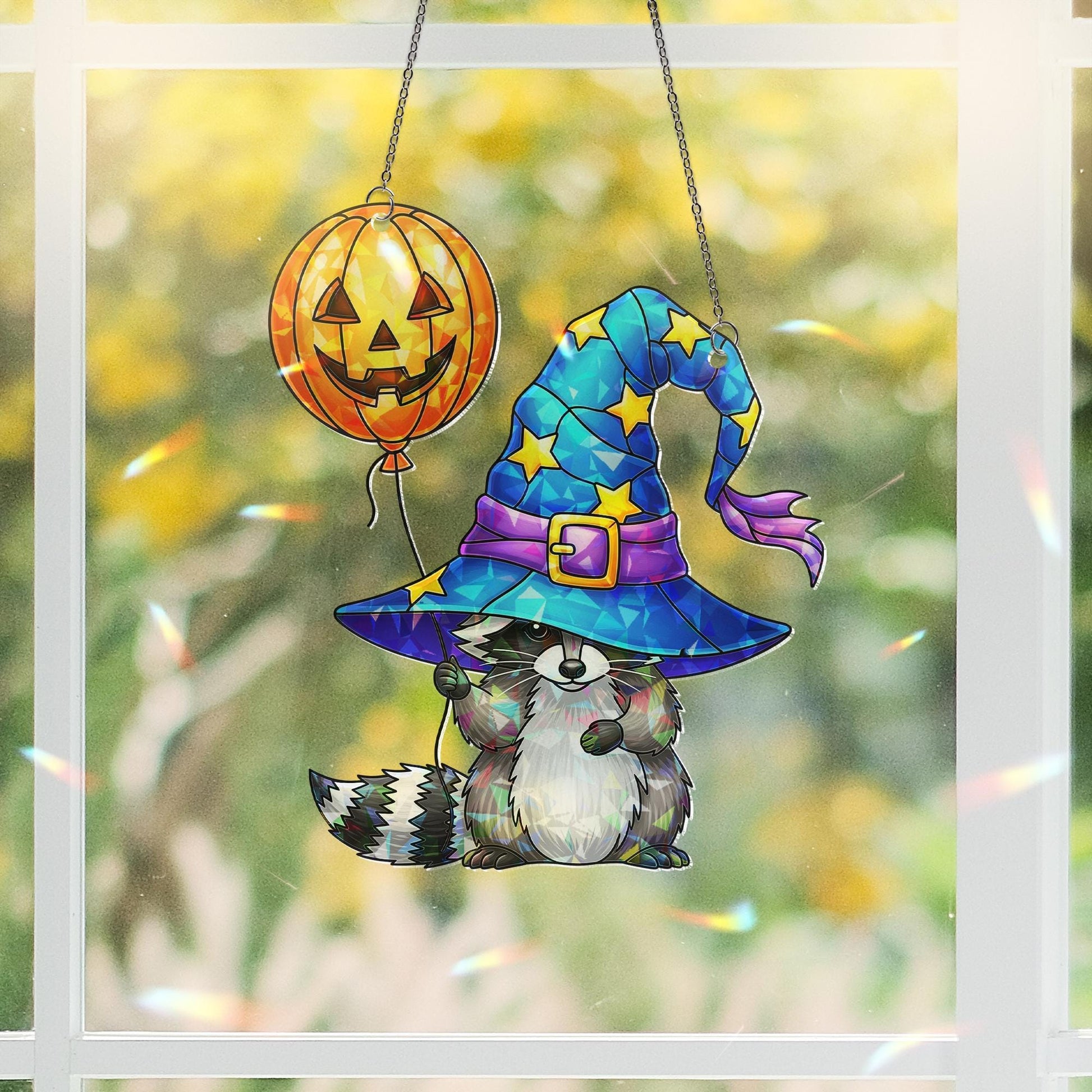 Halloween Raccoon Witch Suncatcher, Stained Glass Style Animal Decor, Spooky Autumn Window Hanging, Unique Gift for Halloween Lover