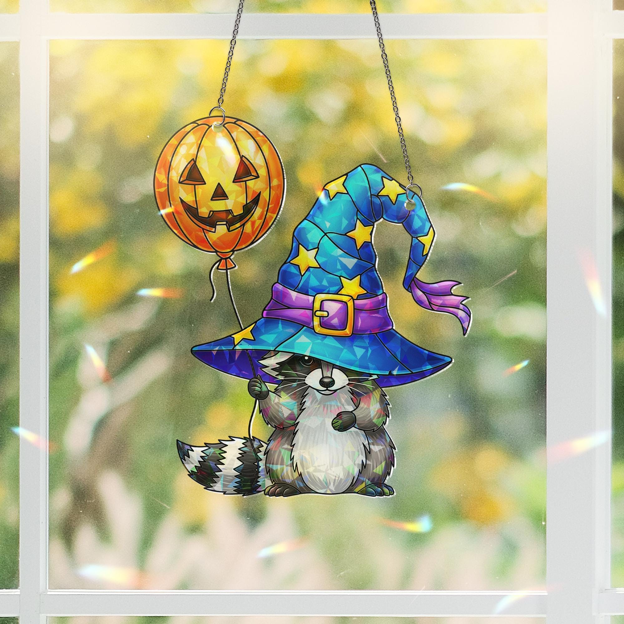 Halloween Raccoon Witch Suncatcher, Stained Glass Style Animal Decor, Spooky Autumn Window Hanging, Unique Gift for Halloween Lover
