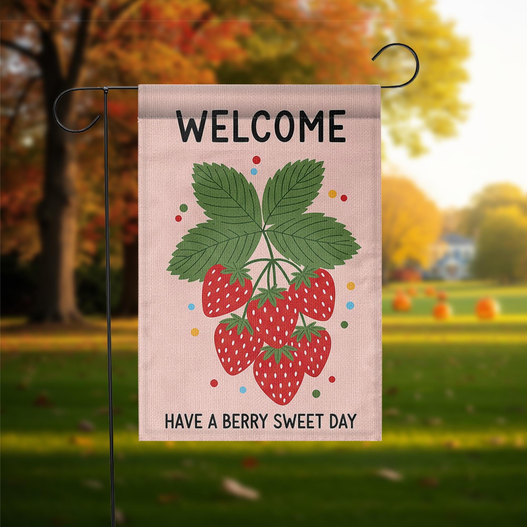 Welcome Strawberry Garden Flag, Summer Outdoor Decor, Cute Yard Banner, Berry Sweet Sign, Seasonal Garden Decoration