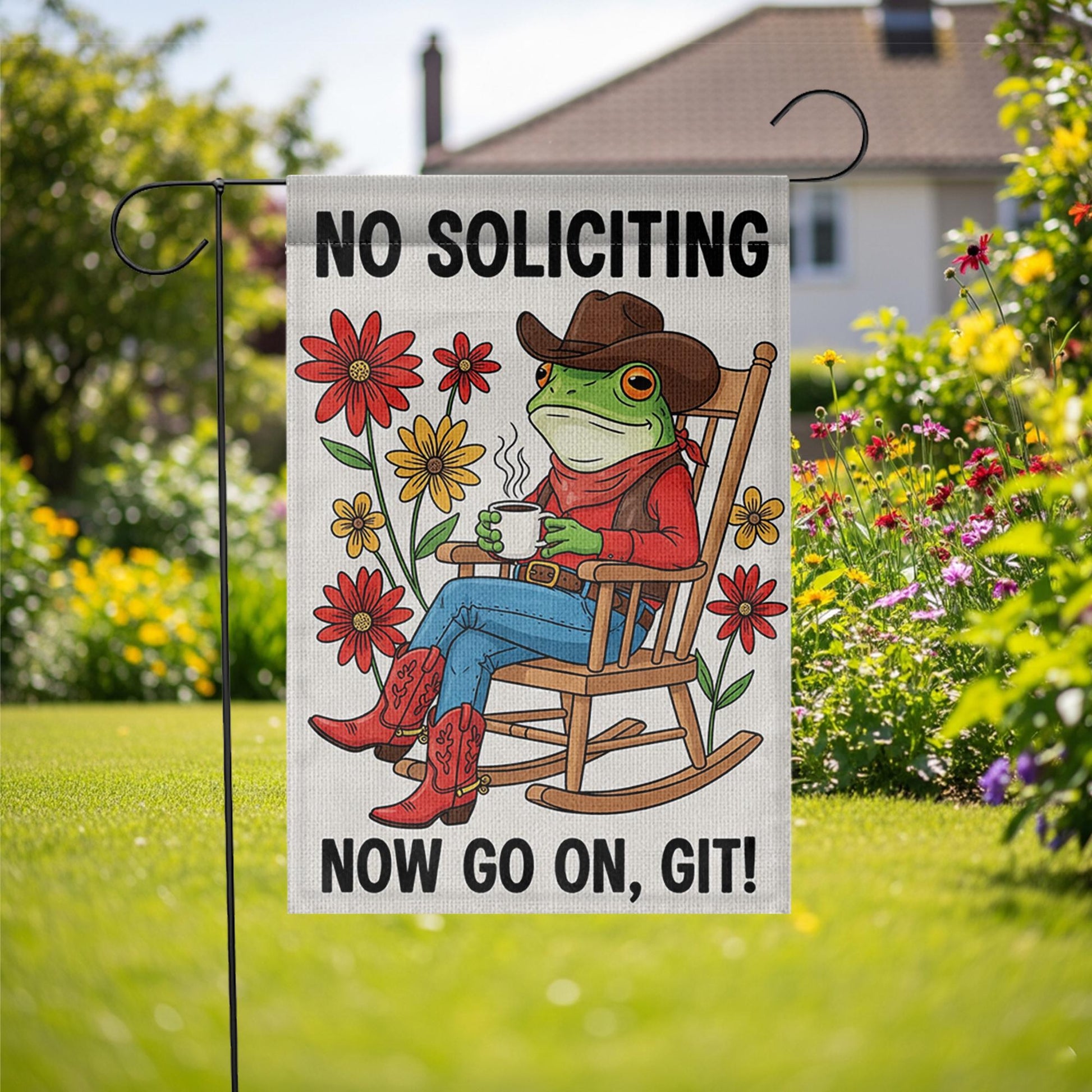Funny No Soliciting Garden Flag, Cowboy Frog Yard Sign, Rustic Porch Decor, Outdoor Humor Flag, Country Welcome Banner