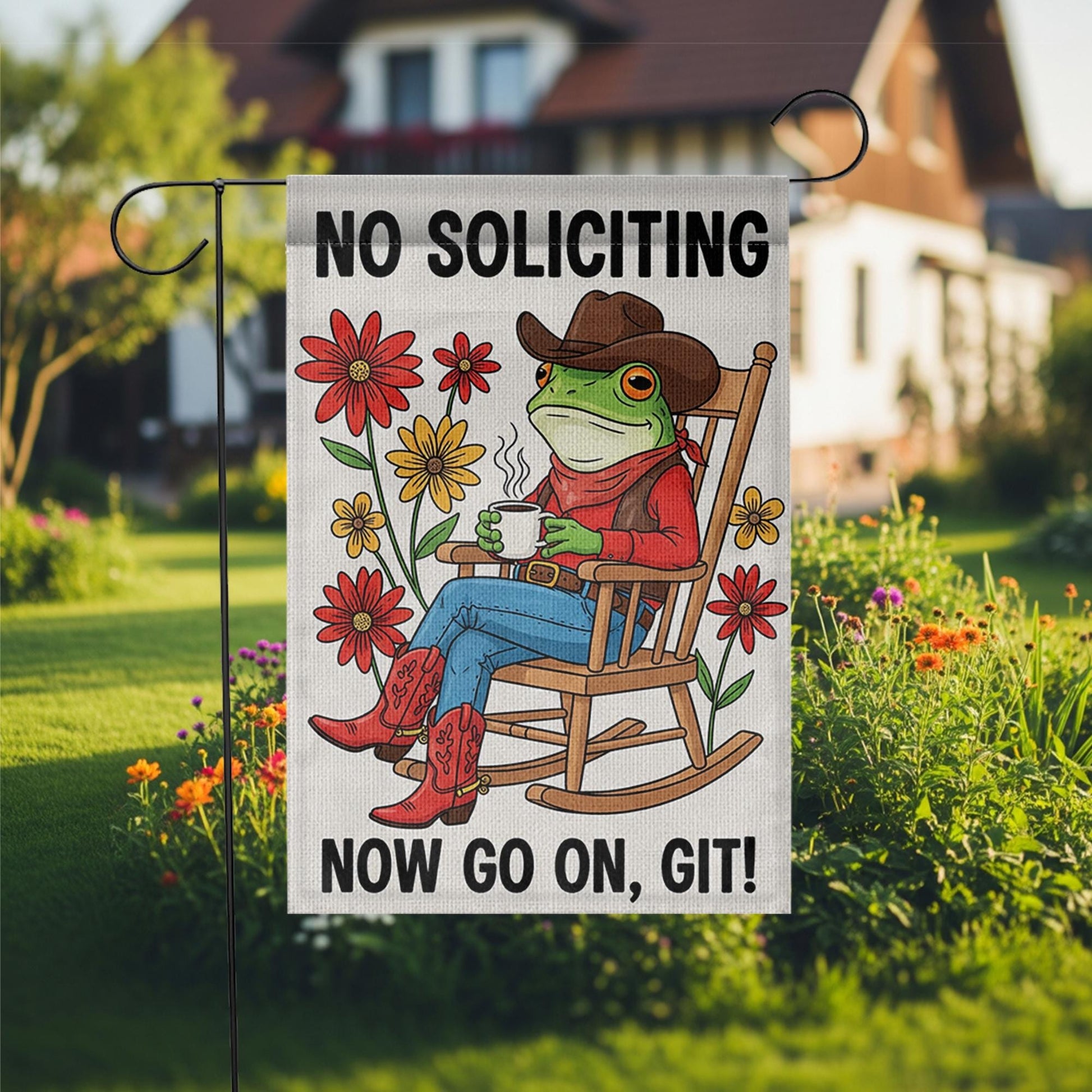 Funny No Soliciting Garden Flag, Cowboy Frog Yard Sign, Rustic Porch Decor, Outdoor Humor Flag, Country Welcome Banner