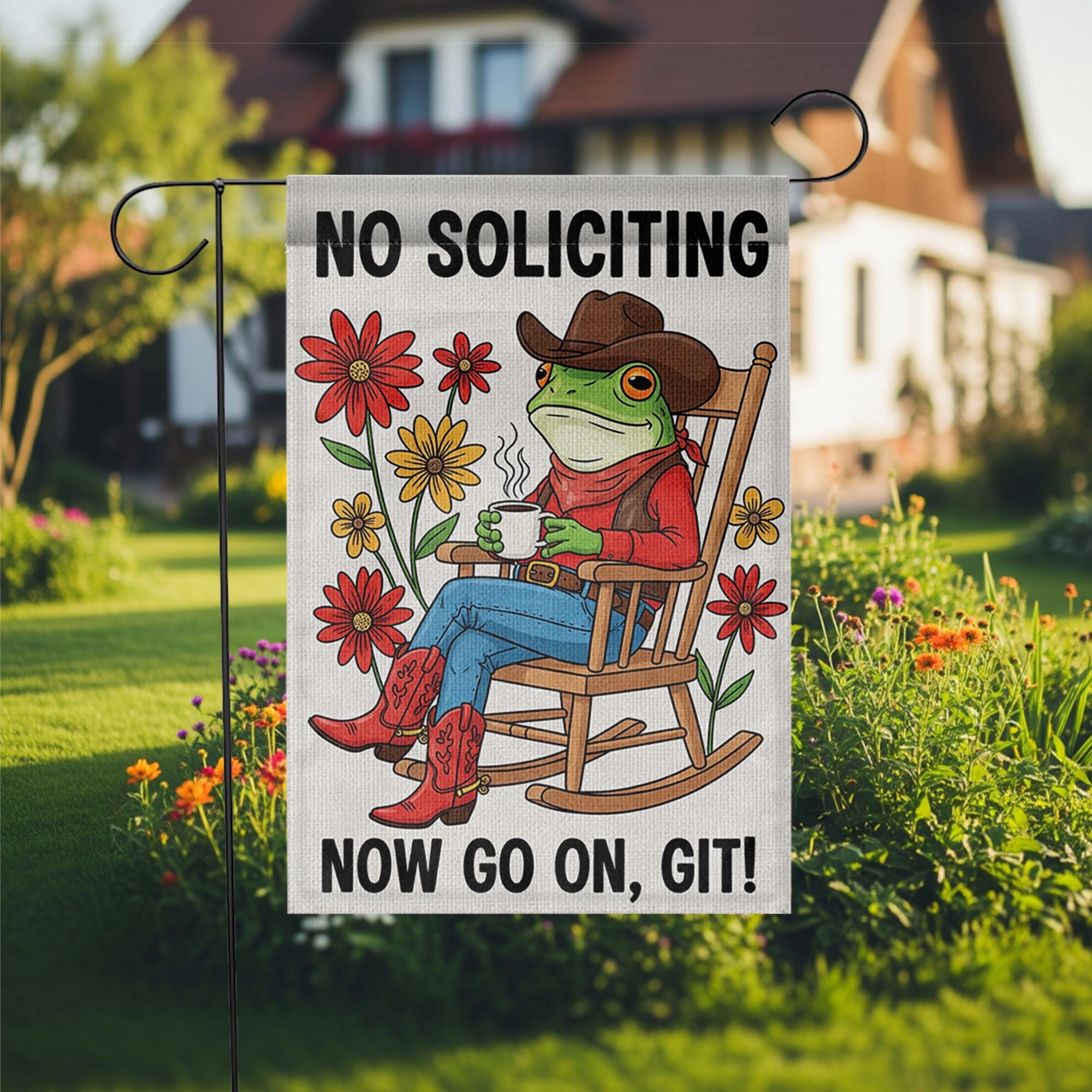 Funny No Soliciting Garden Flag, Cowboy Frog Yard Sign, Rustic Porch Decor, Outdoor Humor Flag, Country Welcome Banner