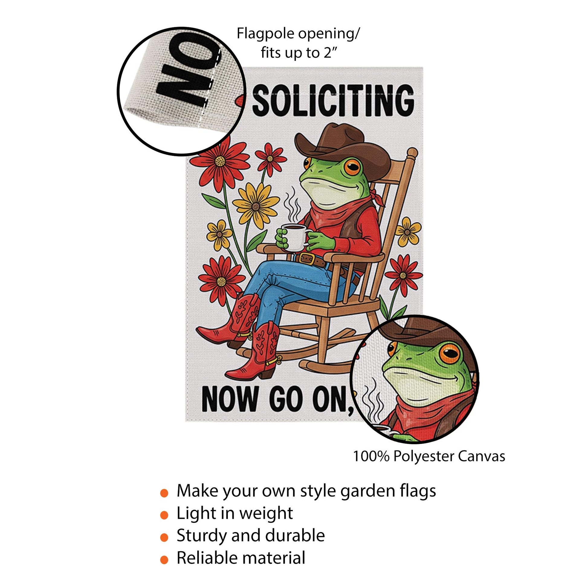 Funny No Soliciting Garden Flag, Cowboy Frog Yard Sign, Rustic Porch Decor, Outdoor Humor Flag, Country Welcome Banner