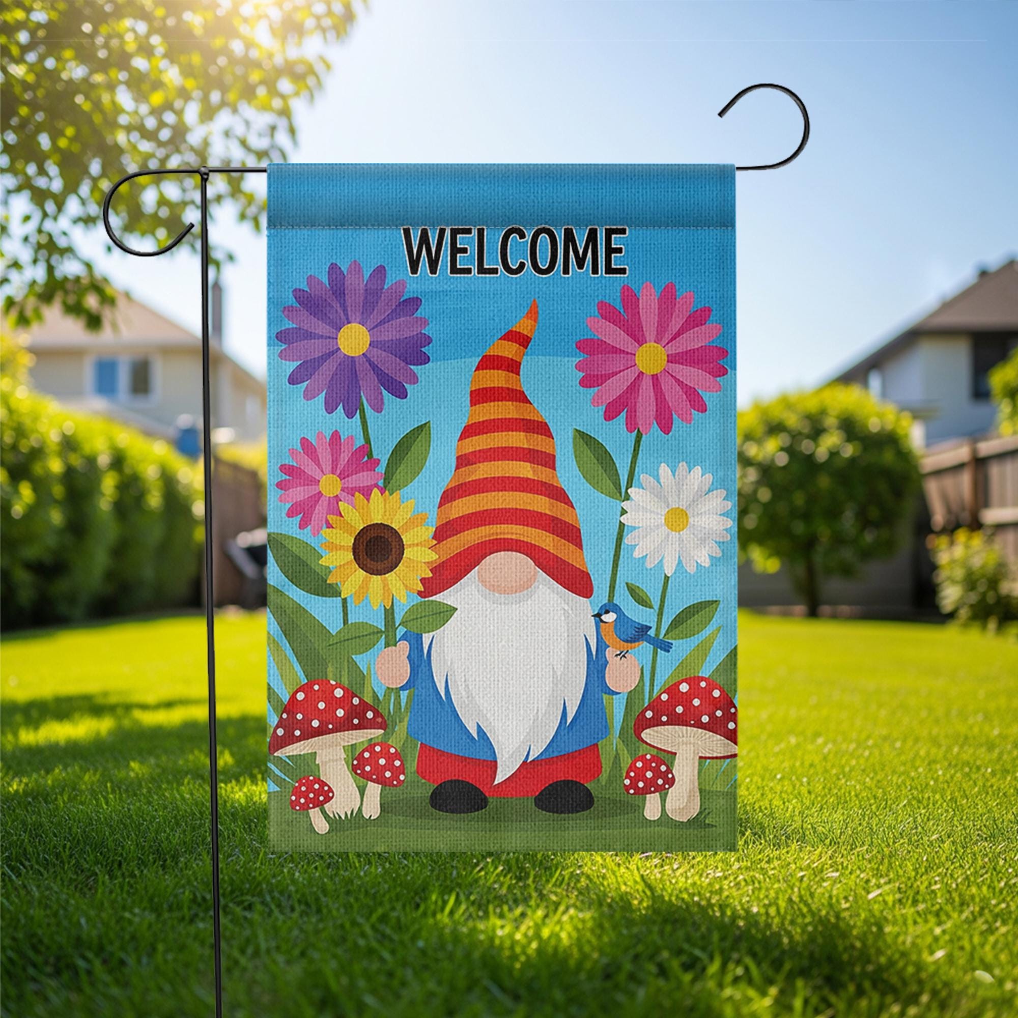 Welcome Gnome Garden Flag, Colorful Yard Decor, Whimsical Gnome Banner, Outdoor Spring Flag, Cute Floral Garden Decoration