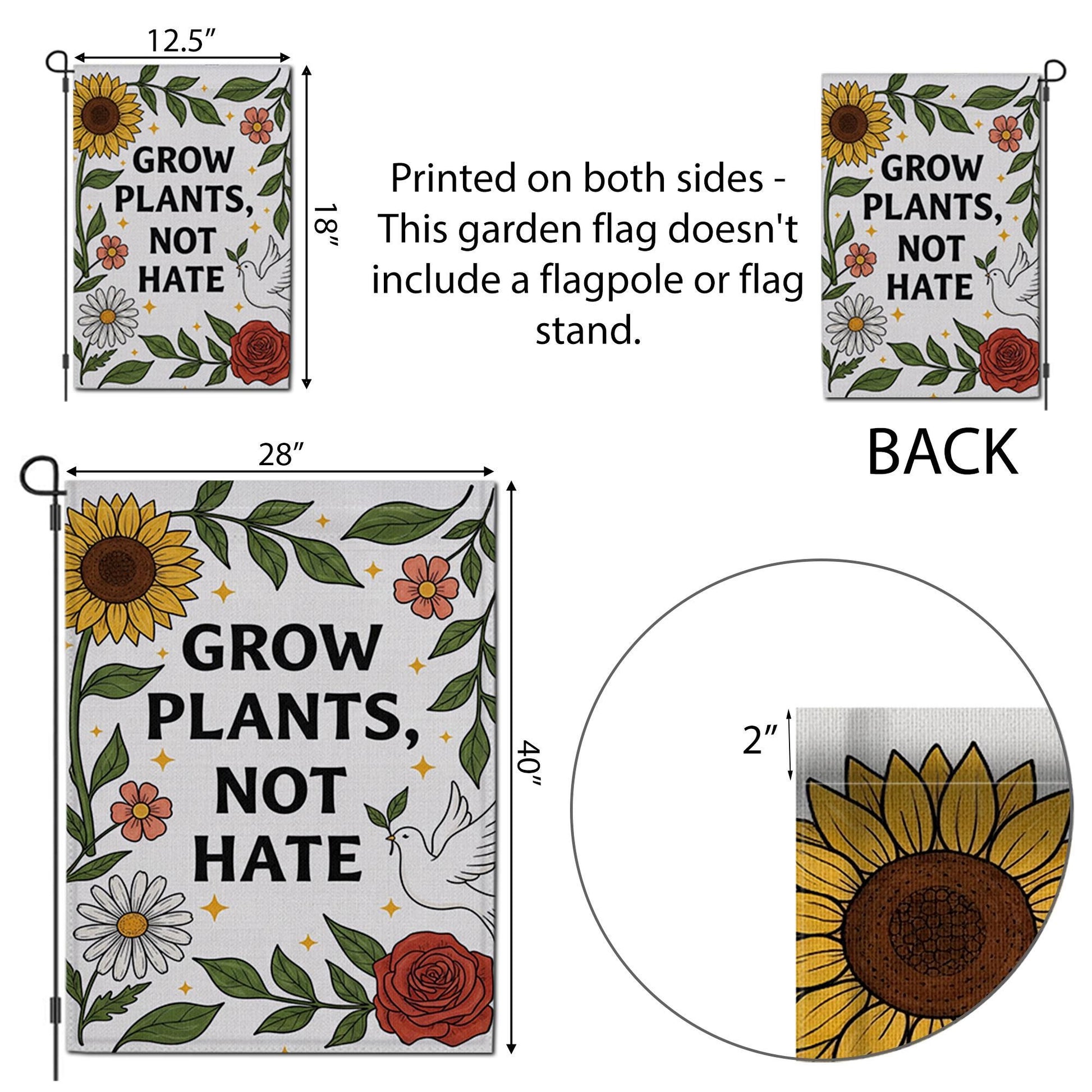 Grow Plants Not Hate Garden Flag, Peaceful Yard Decor, Inspirational Outdoor Sign, Floral Garden Banner, Kindness Flag